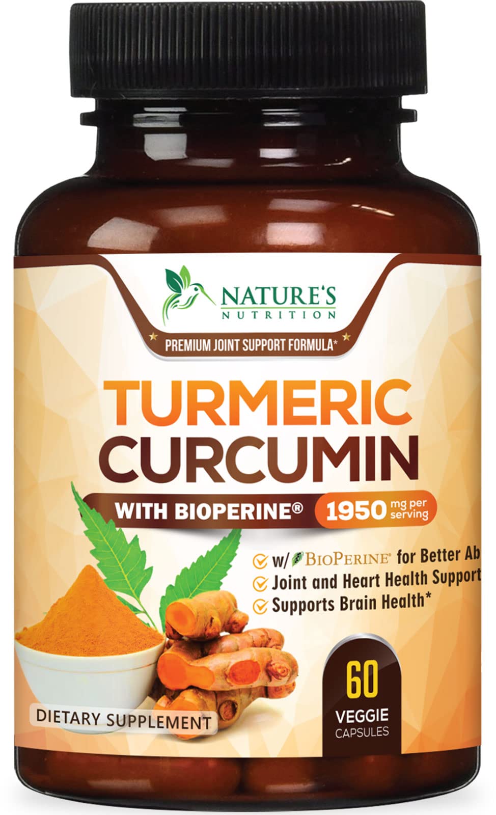 Nature's Nutrition Turmeric Curcumin 1950 mg dans une bouteille, soutien quotidien des articulations.