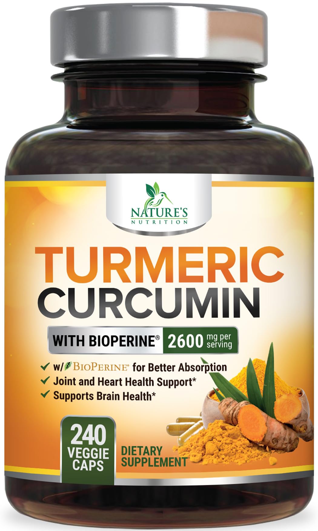 Nature's Nutrition Curcumine 2600 mg, bouteille pratique pour le soutien articulaire.
