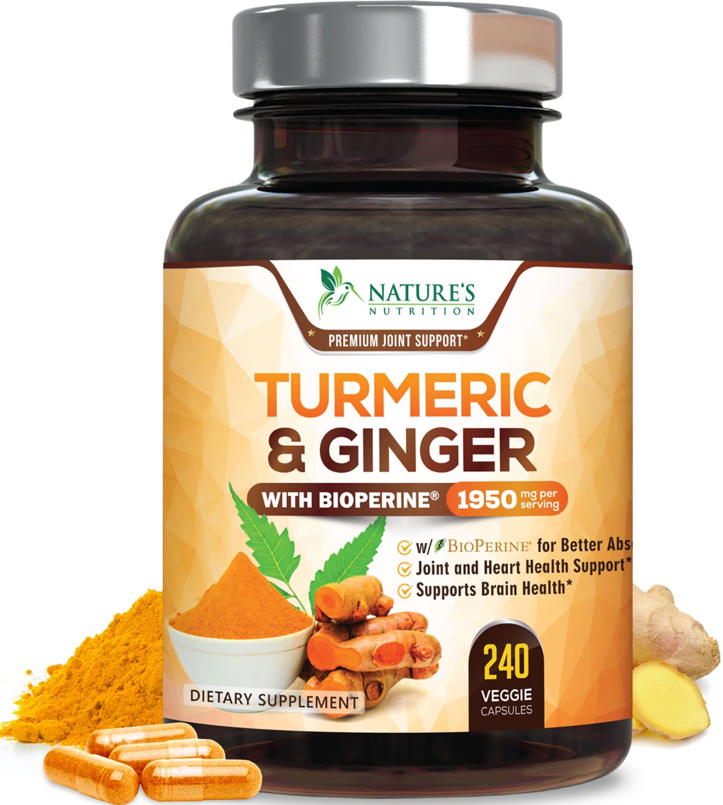 Nature's Nutrition Turmeric Curcumin, bouteille montrée, soutien potentiel des articulations.