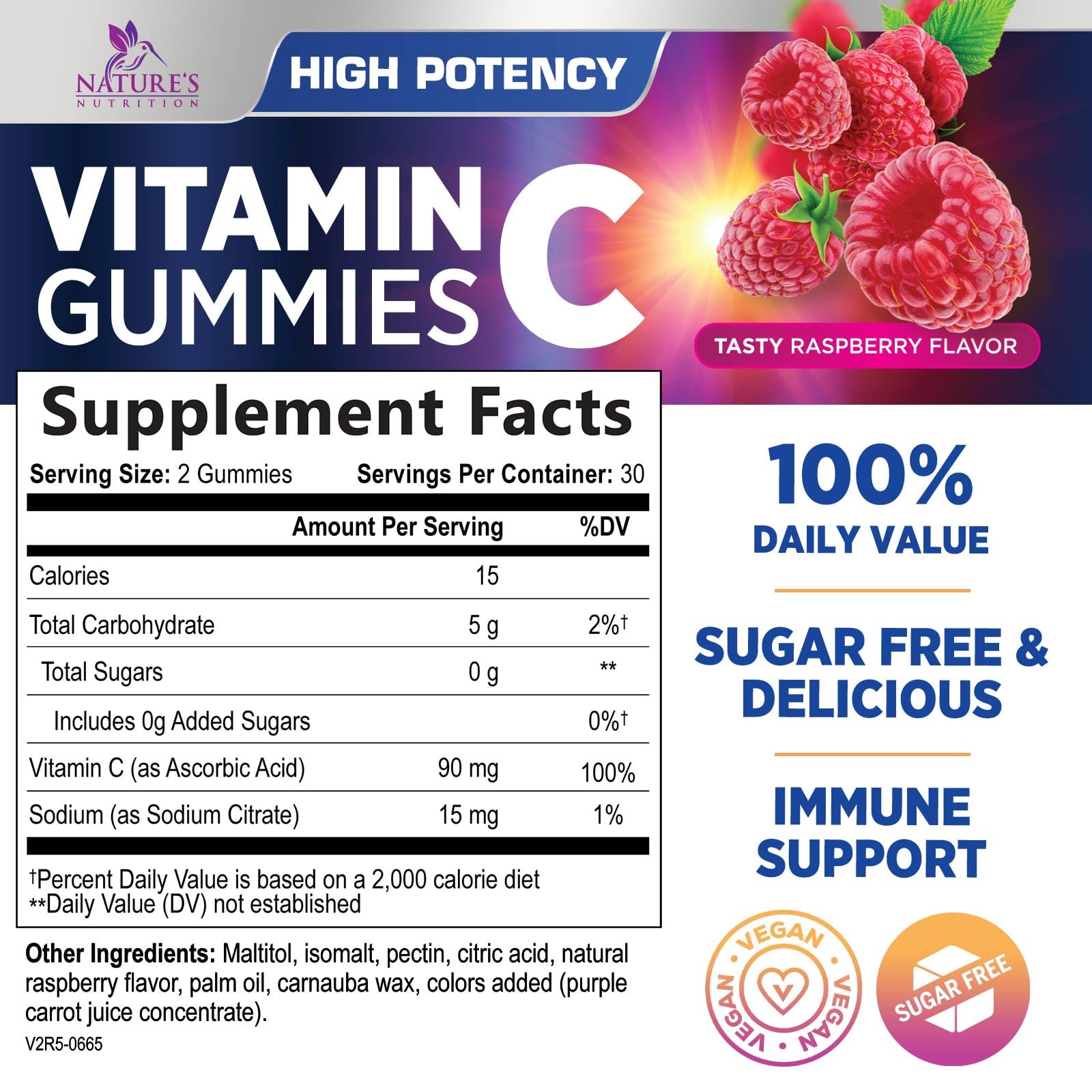 Bouteille Nature's Nutrition Vitamine C Gummies avec saveur framboise
