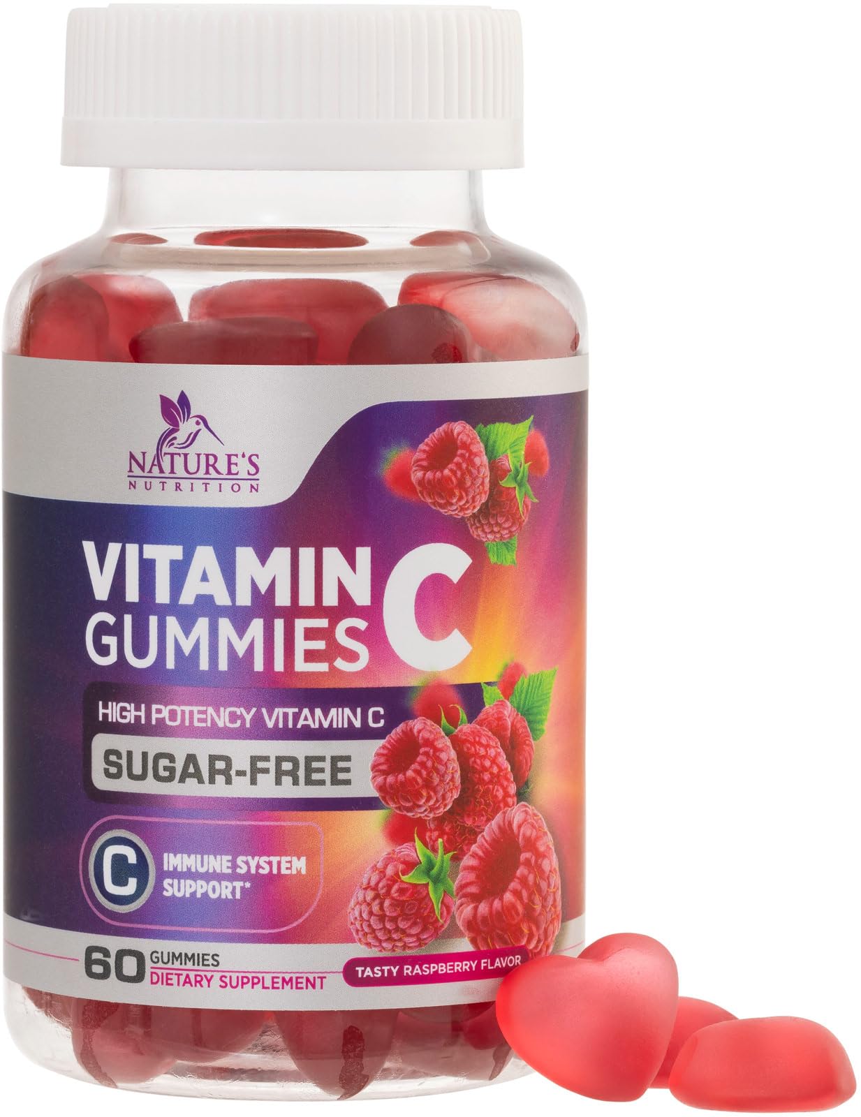 Gamme Nature's Nutrition Vitamine C Gummies emballage framboise et label clair