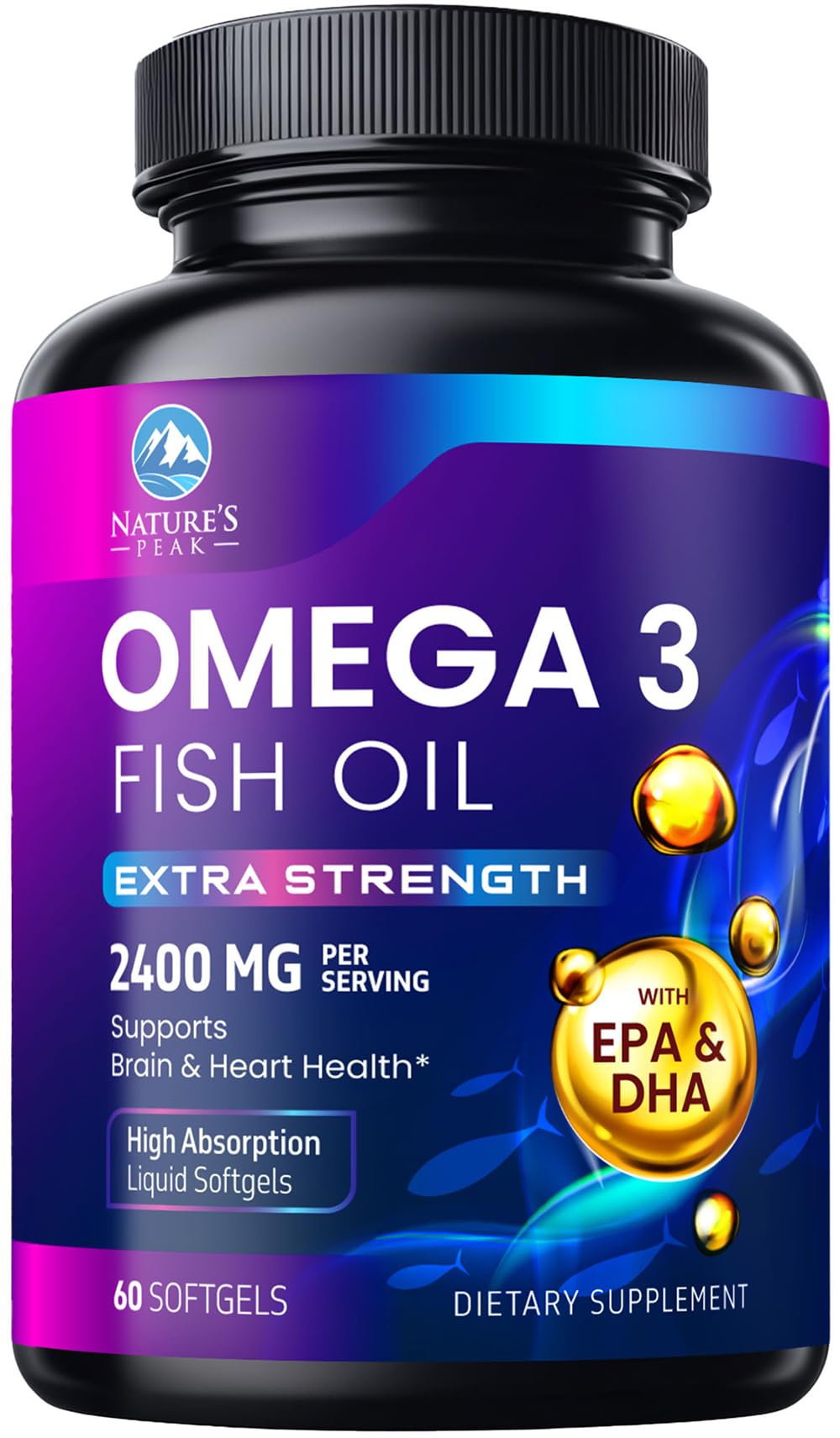 Nature's Peak huile omega3 2400mg en bouteille, soutien potentiel pour le cœur.