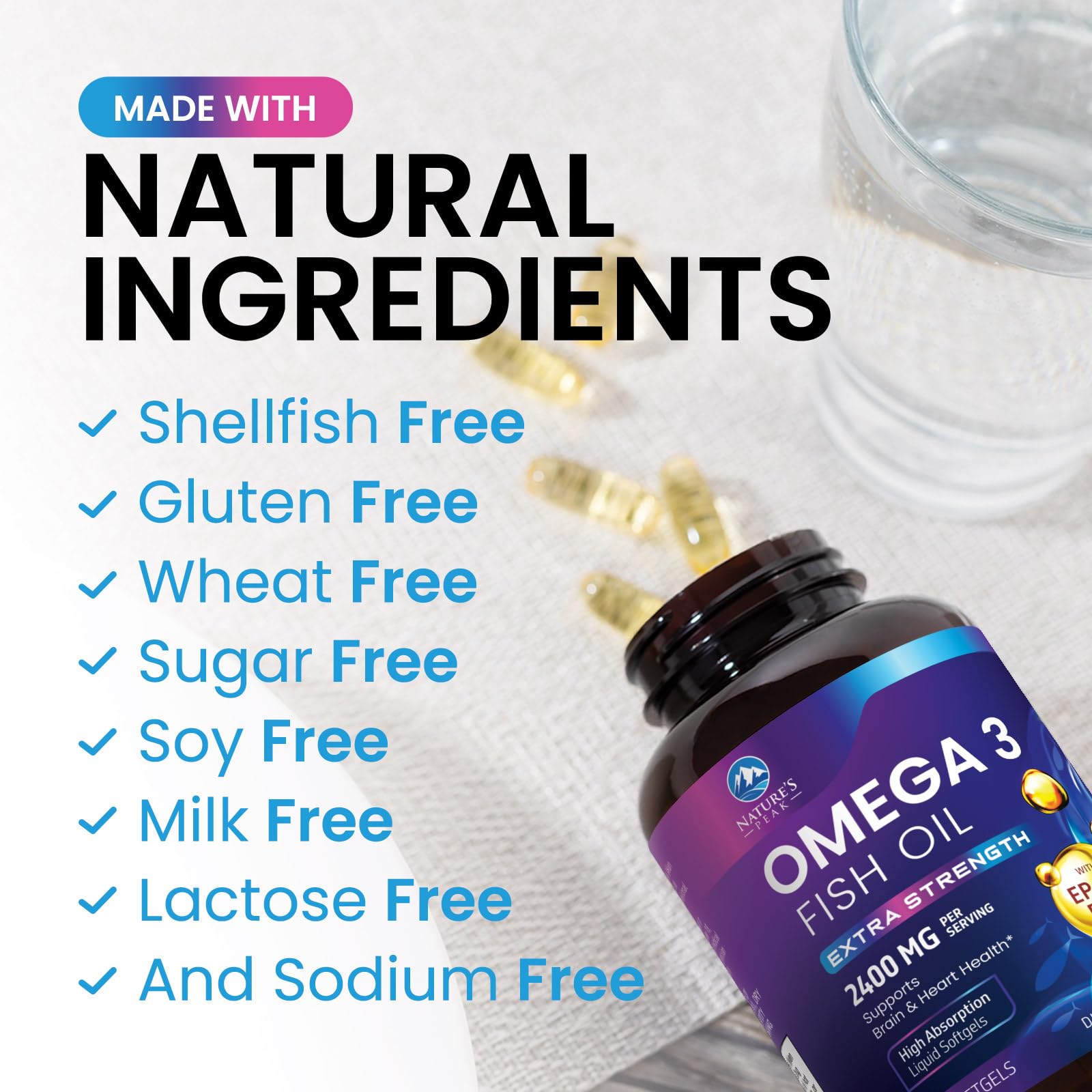 Nature's Peak Omega3 2400mg: format pratique pour hommes et femmes.