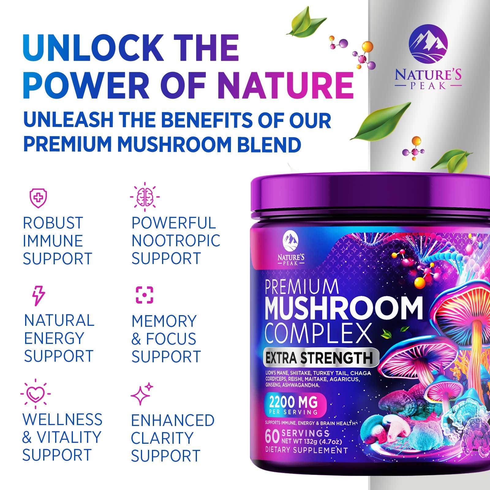 Nature's Peak Chaga bio, poudre sombre et riche en saveurs naturelles.