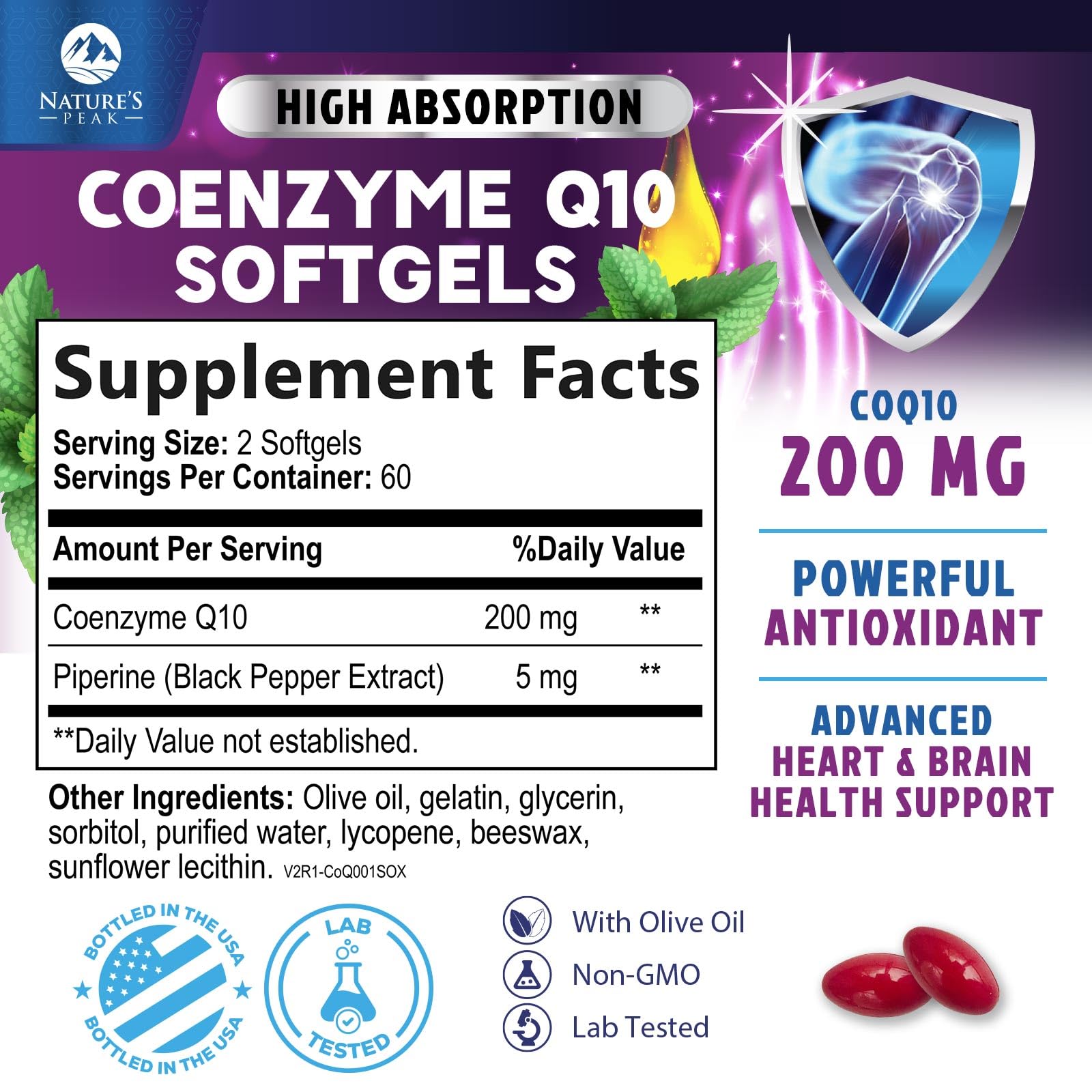 Nature's Peak CoQ10 200 mg avec poivre noir favorisant absorption potentielle.