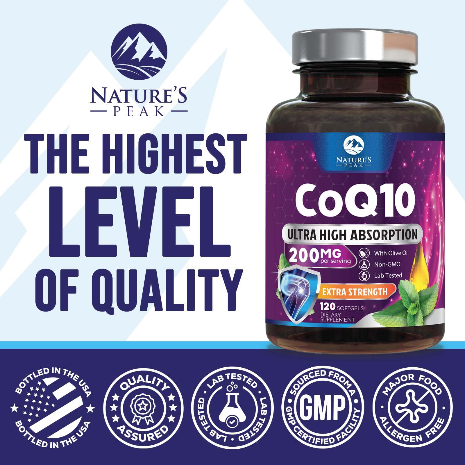 Nature's Peak CoQ10, formulé avec ubiquinone et propriétés antioxydantes.