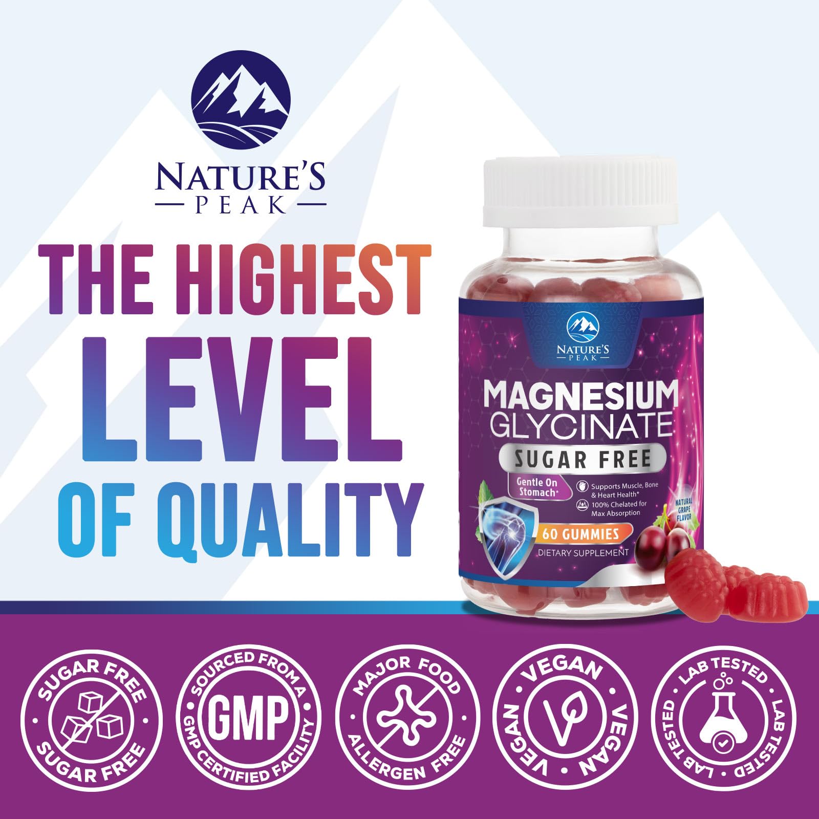 Étiquette Nature's Peak magnésium glycinate, informations claires et labels végans