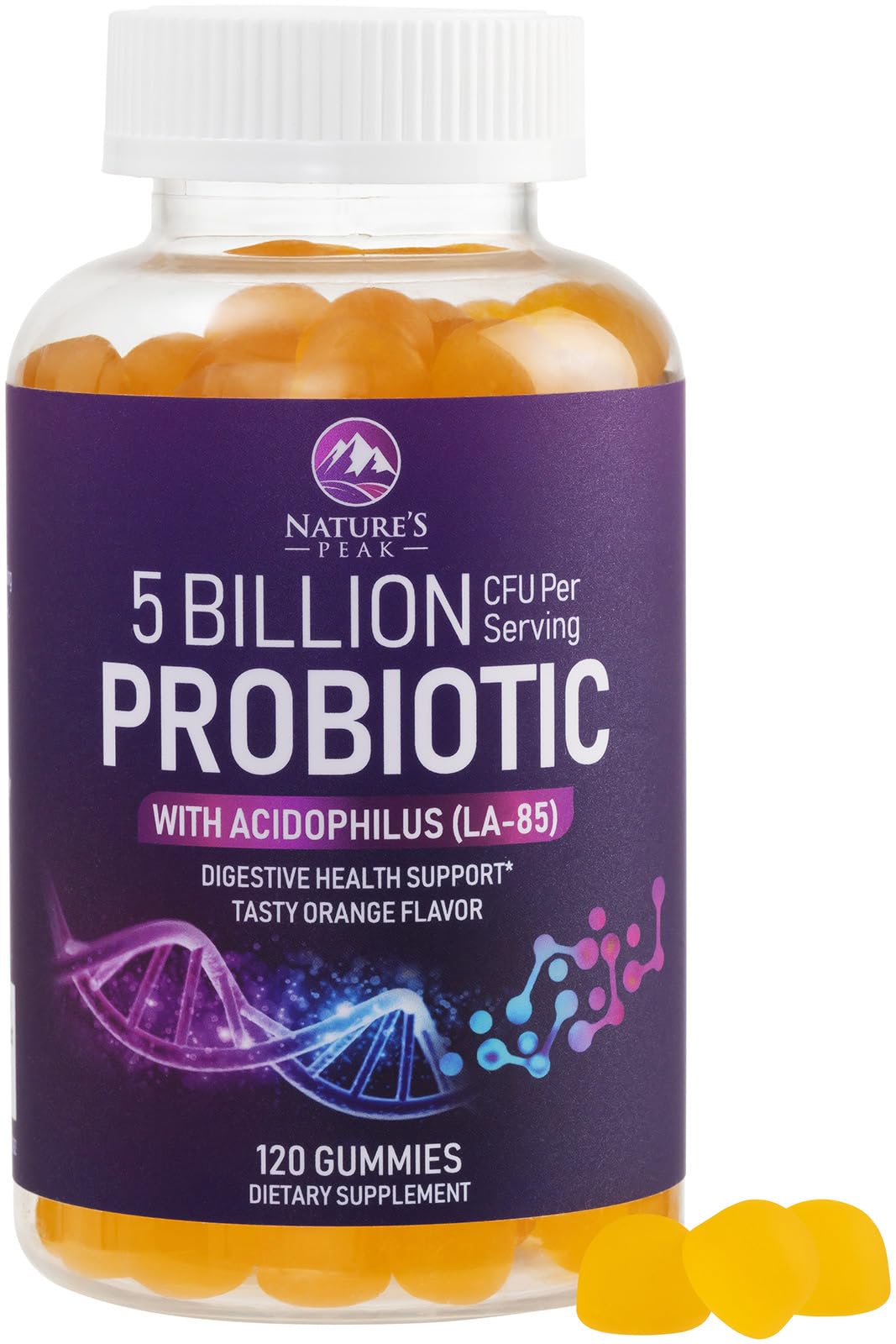 Nature's Peak gommes probiotiques 5 milliards bouteille orange soutient digestion pratique.