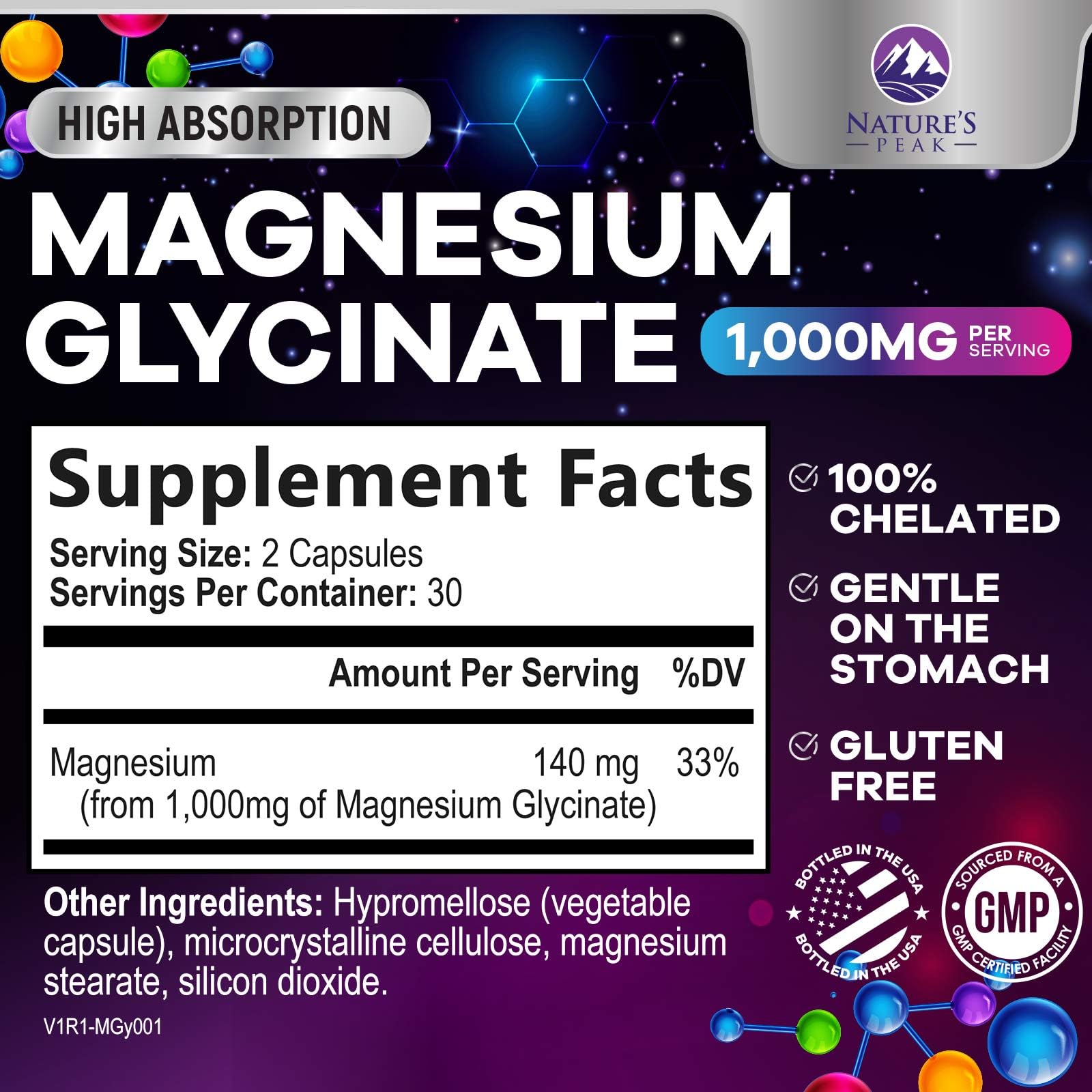Nature's Peak Magnésium Glycinate sur l'emballage principal, indication d'absorption améliorée.