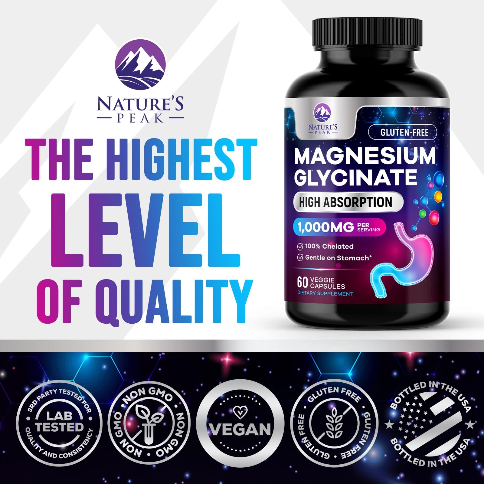 Étiquette Nature's Peak Magnésium Glycinate, ingrédients et posologie clairement indiqués.