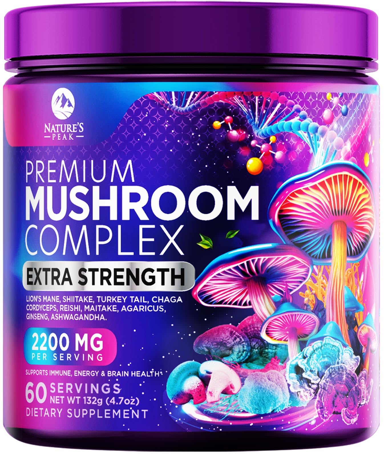 Nature's Peak Poudre champignons 11-en-1 en bouteille, usage quotidien.