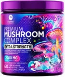Nature's Peak Poudre champignons 11-en-1 en bouteille, usage quotidien.