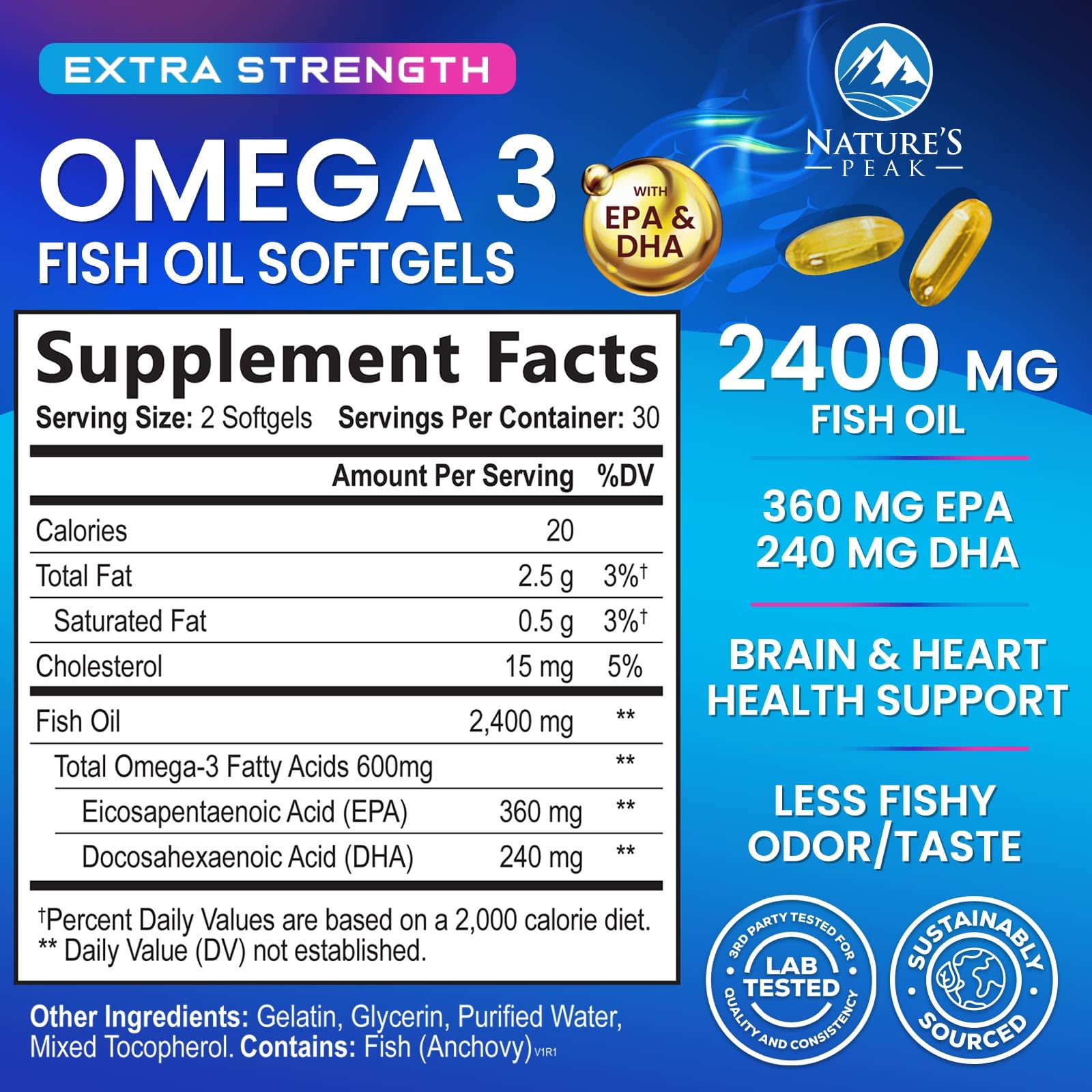 Nature's Peak softgels omega3, capsule faciles à avaler pour l’usage quotidien.
