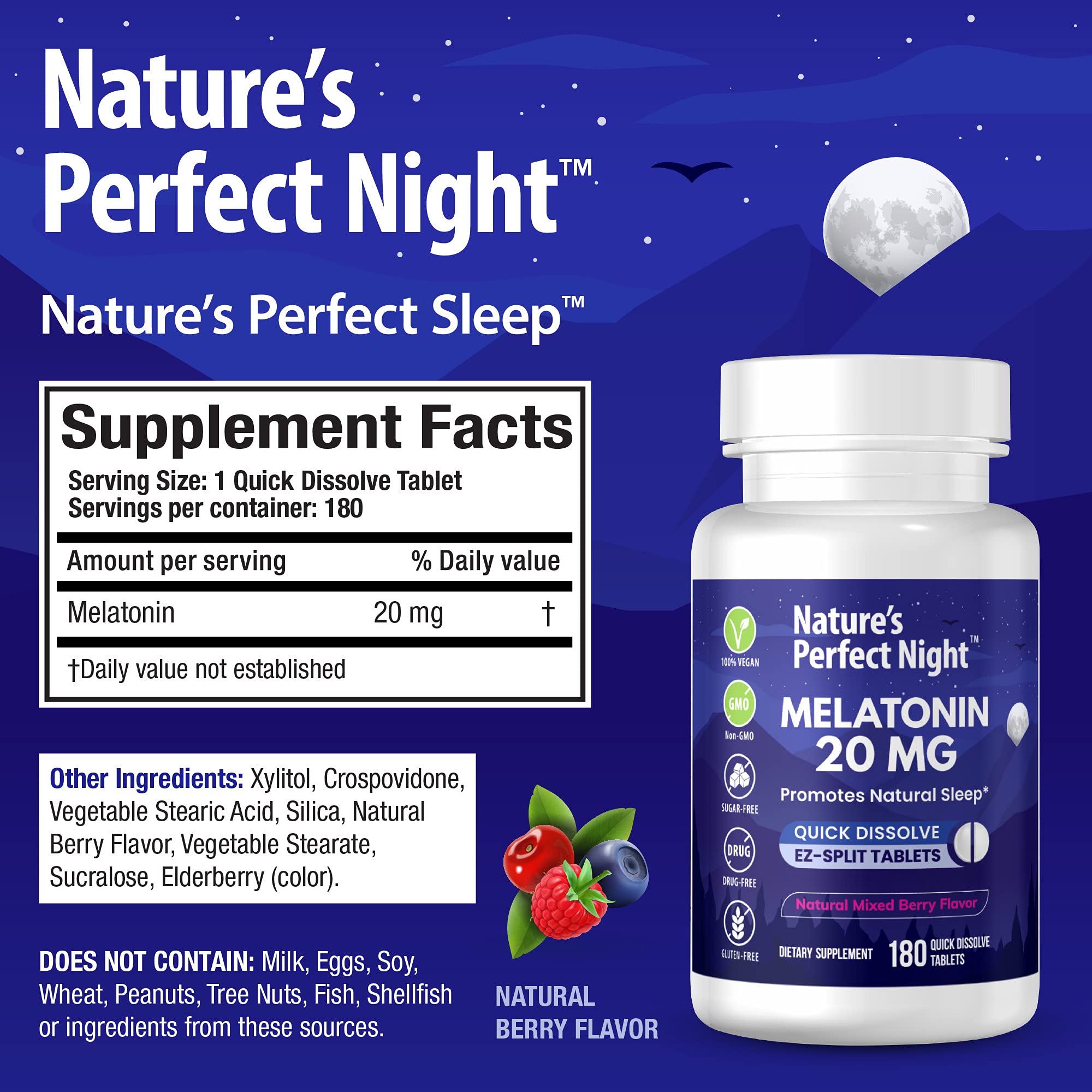Nature's Perfect Night mélatonine 20 mg, boîte à deux paquets pour une utilisation prolongée.