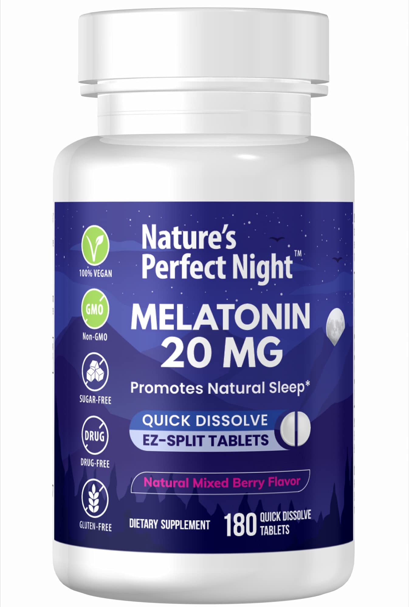 Nature's Perfect Night – bouteille mélatonine 20 mg, prise pratique le soir.