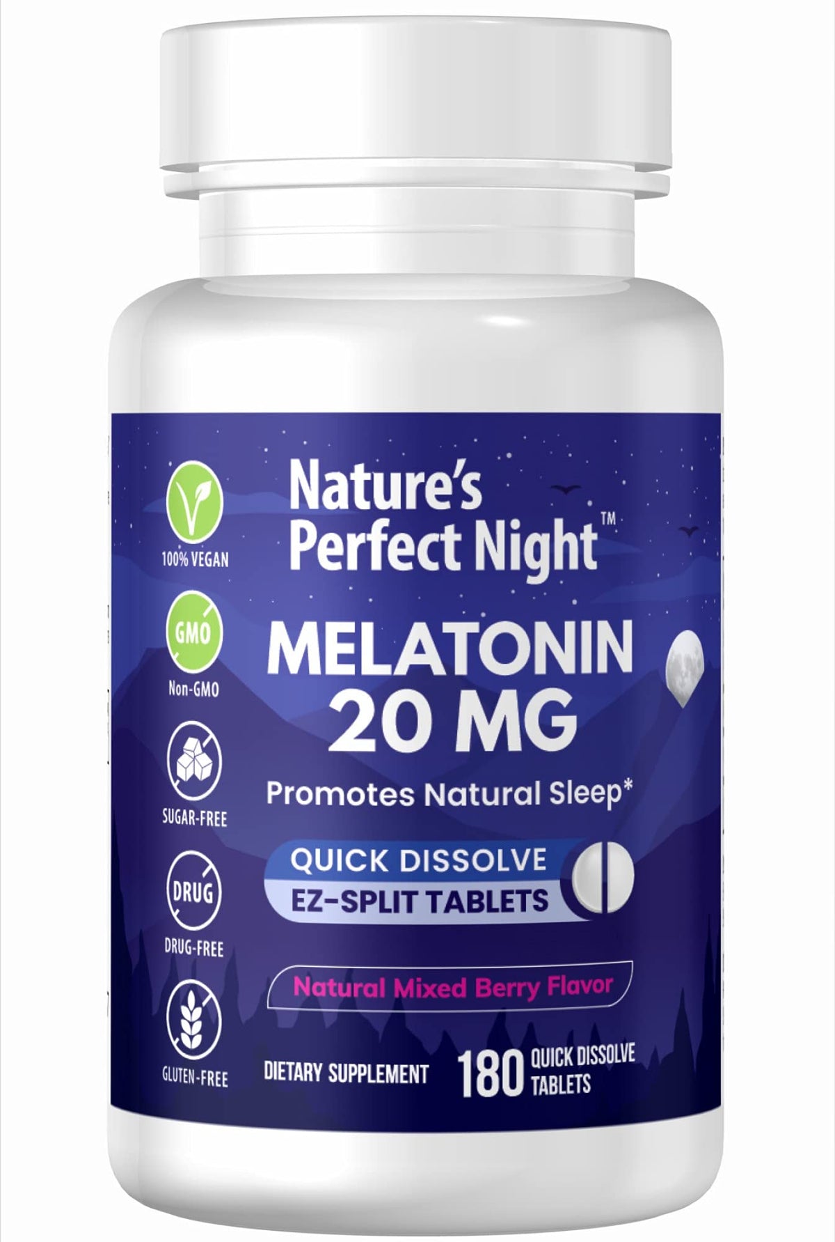 Nature's Perfect Night – bouteille mélatonine 20 mg, prise pratique le soir.