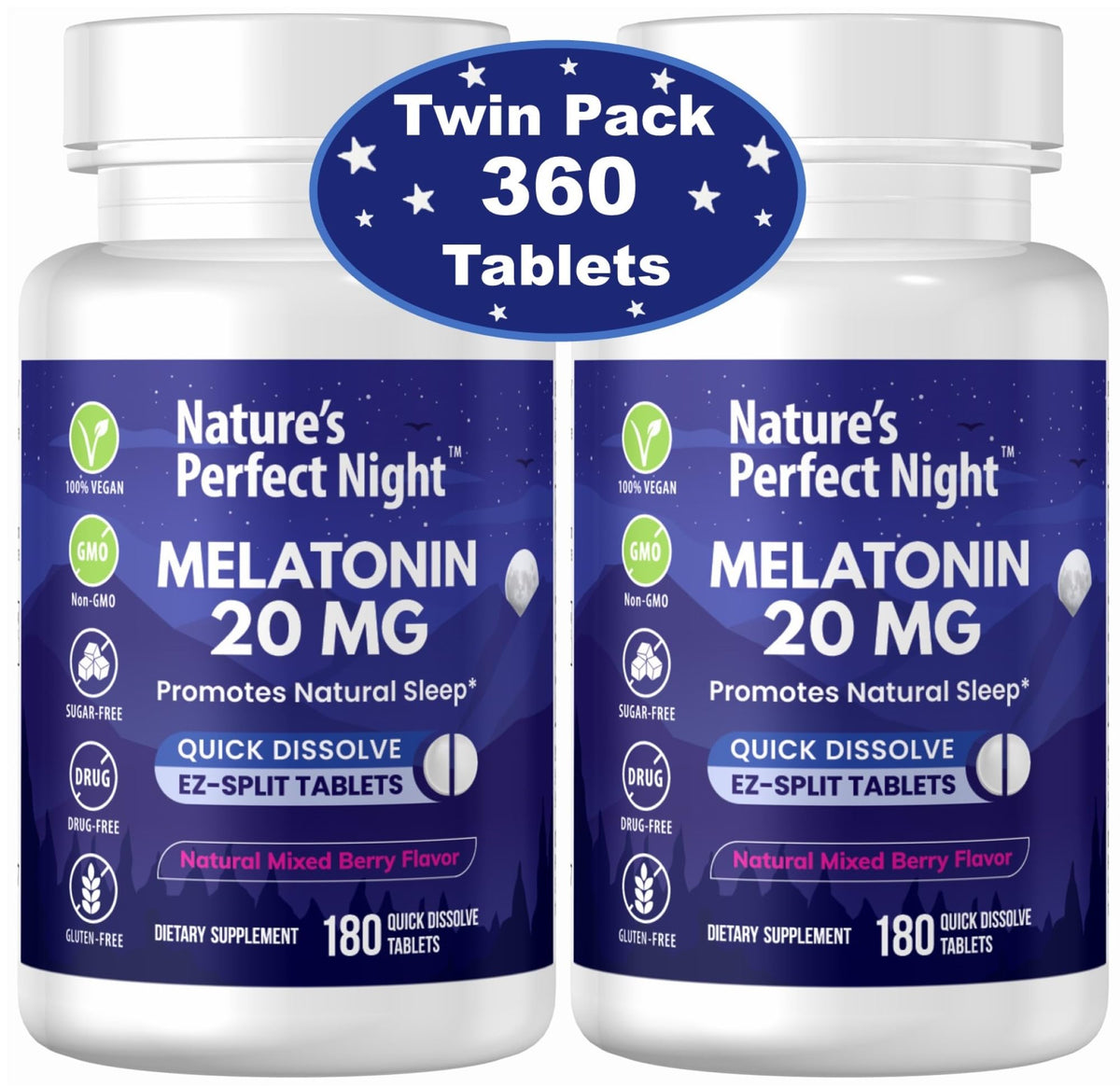 Nature's Perfect Night mélatonine 20 mg, emballage pratique pour la routine nocturne.