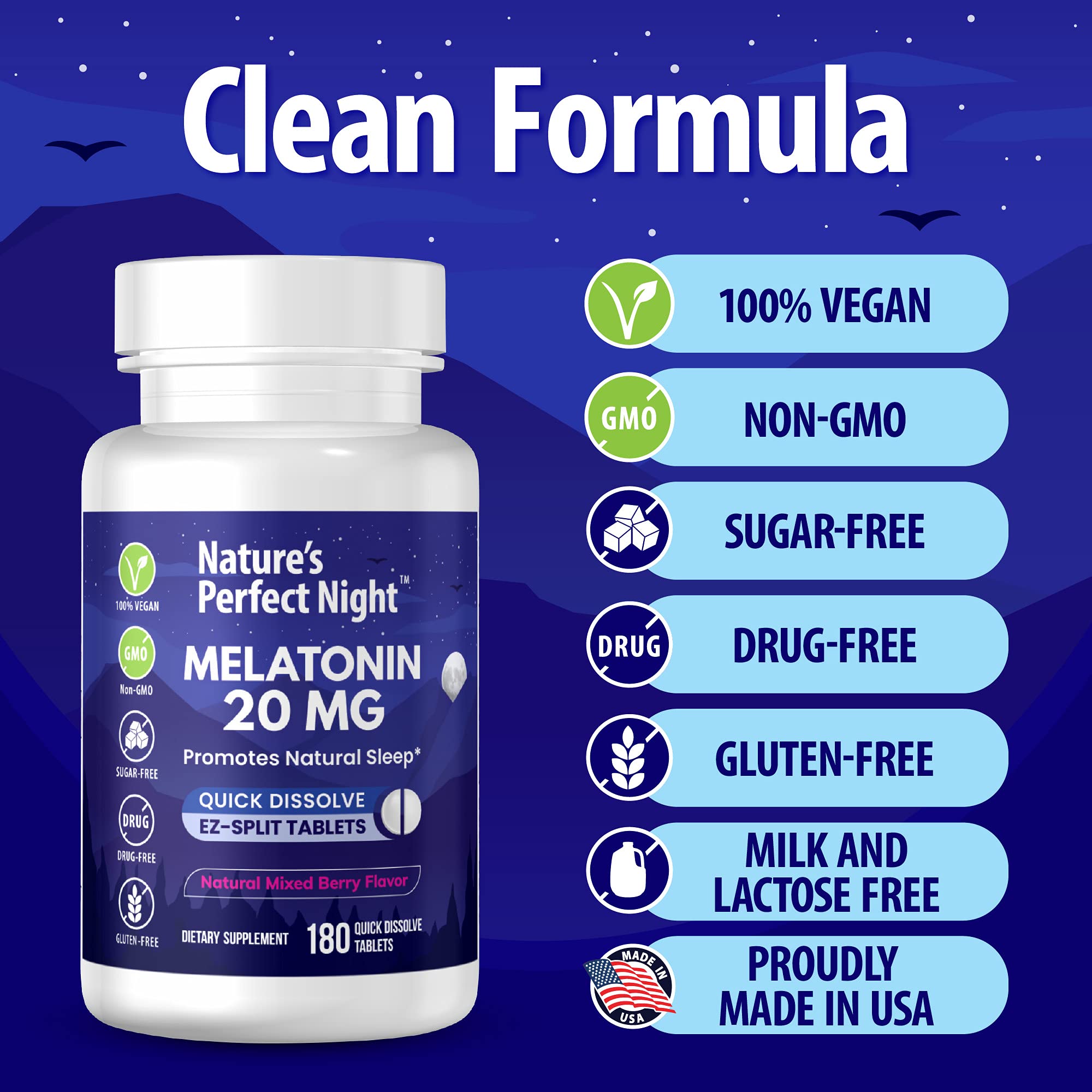 Nature's Perfect Night mélatonine 20 mg, saveur baie mixte naturelle.