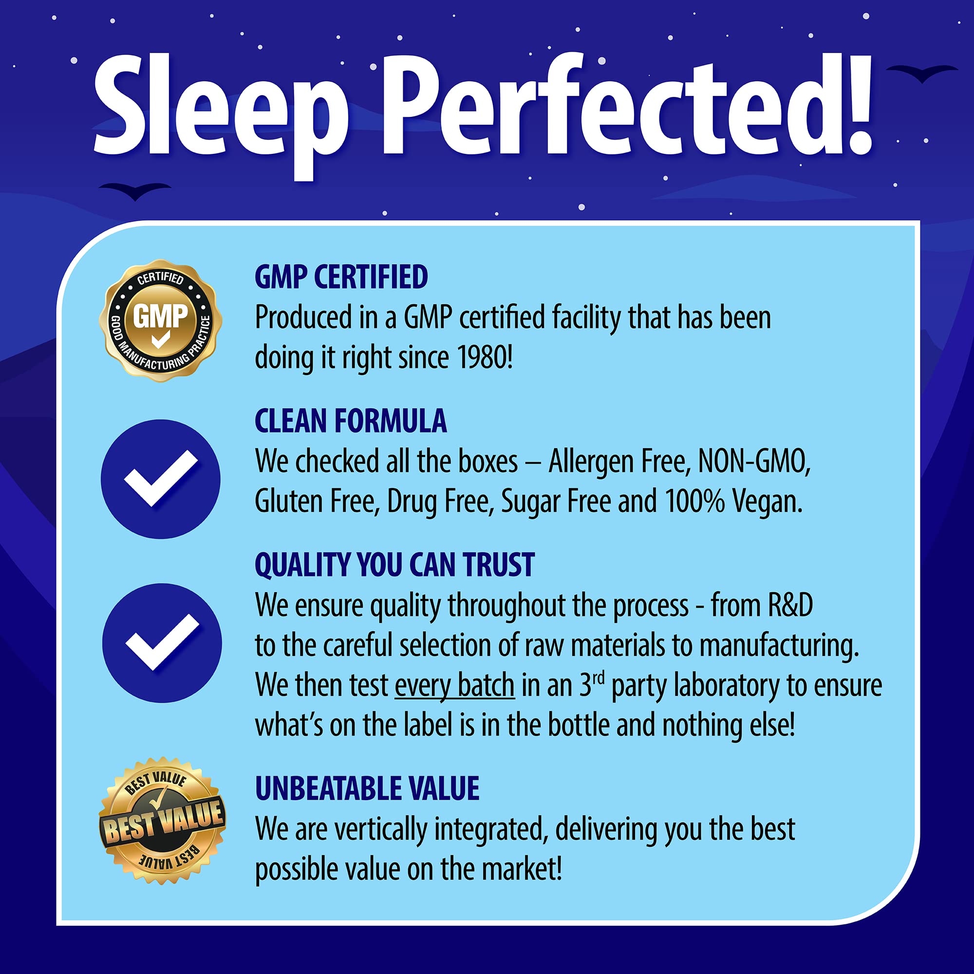Nature's Perfect Night mélatonine 20 mg, ambiance nuit et sommeil réparateur.