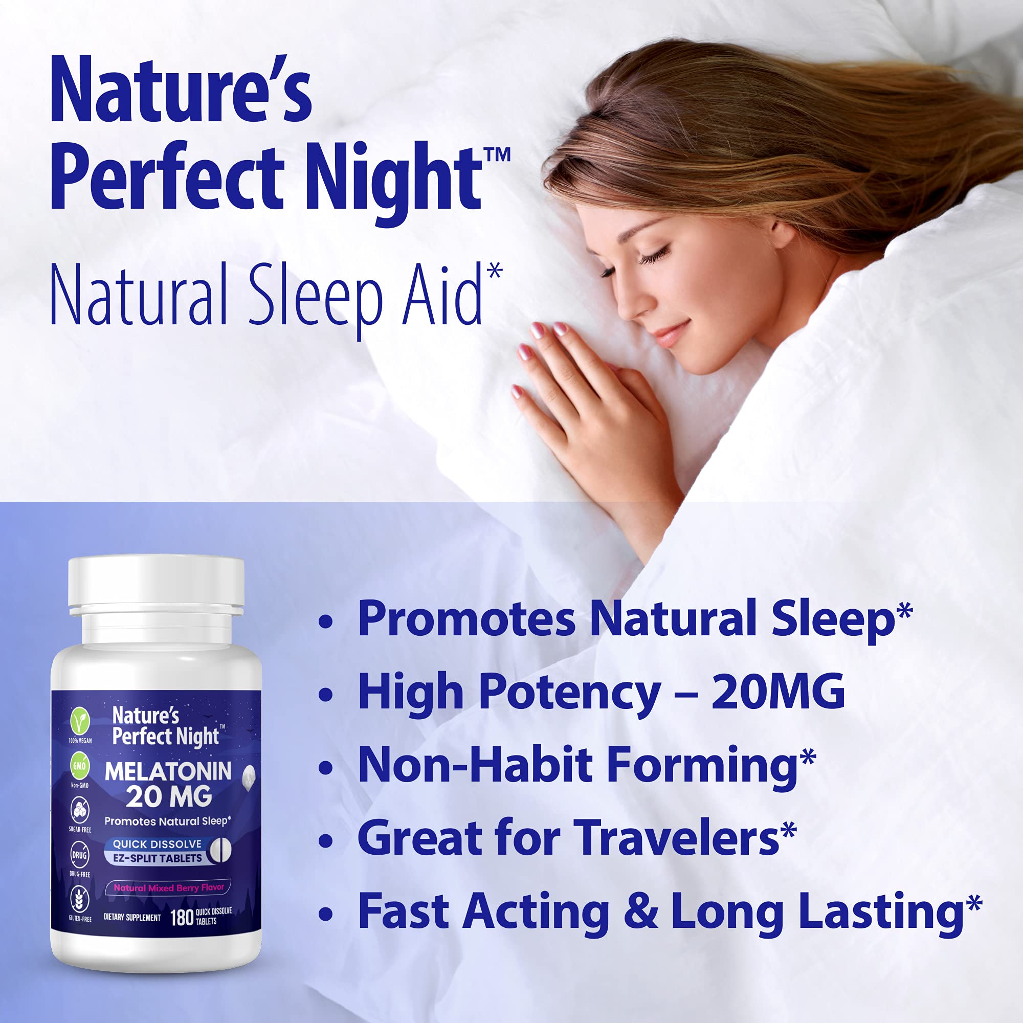 Nature's Perfect Night mélatonine 20 mg, pastille dissolvante à action rapide.