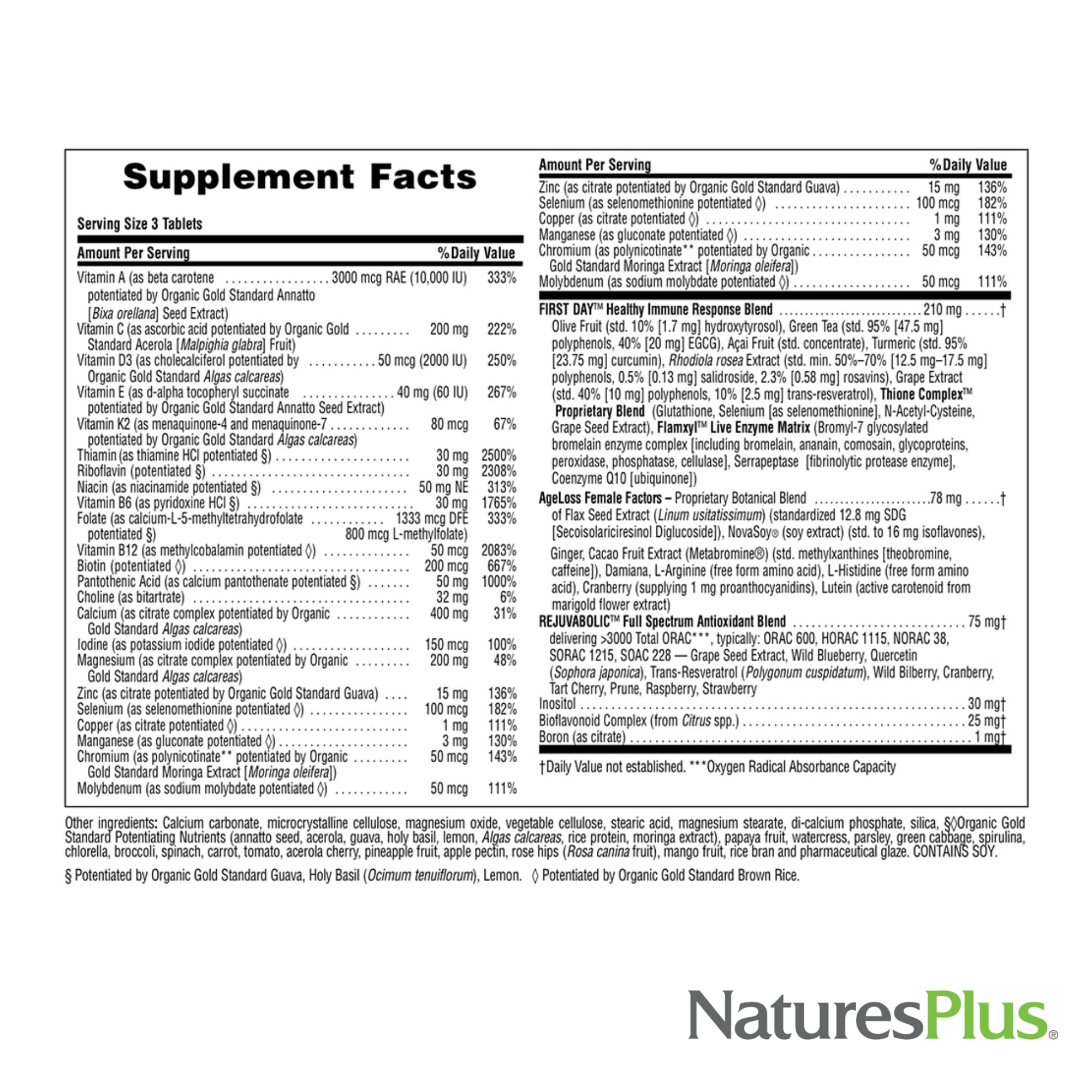 Nature's Plus AgeLoss Women’s Multi – ingrédients, lignanes et isoflavones pour le soutien hormonal potentiel.