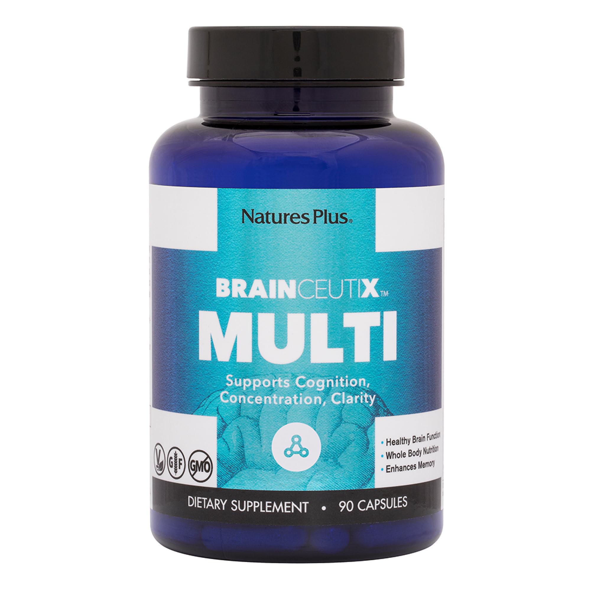 Nature's Plus BrainCeutix — bouteille affichant le complément pour la concentration et la clarté.