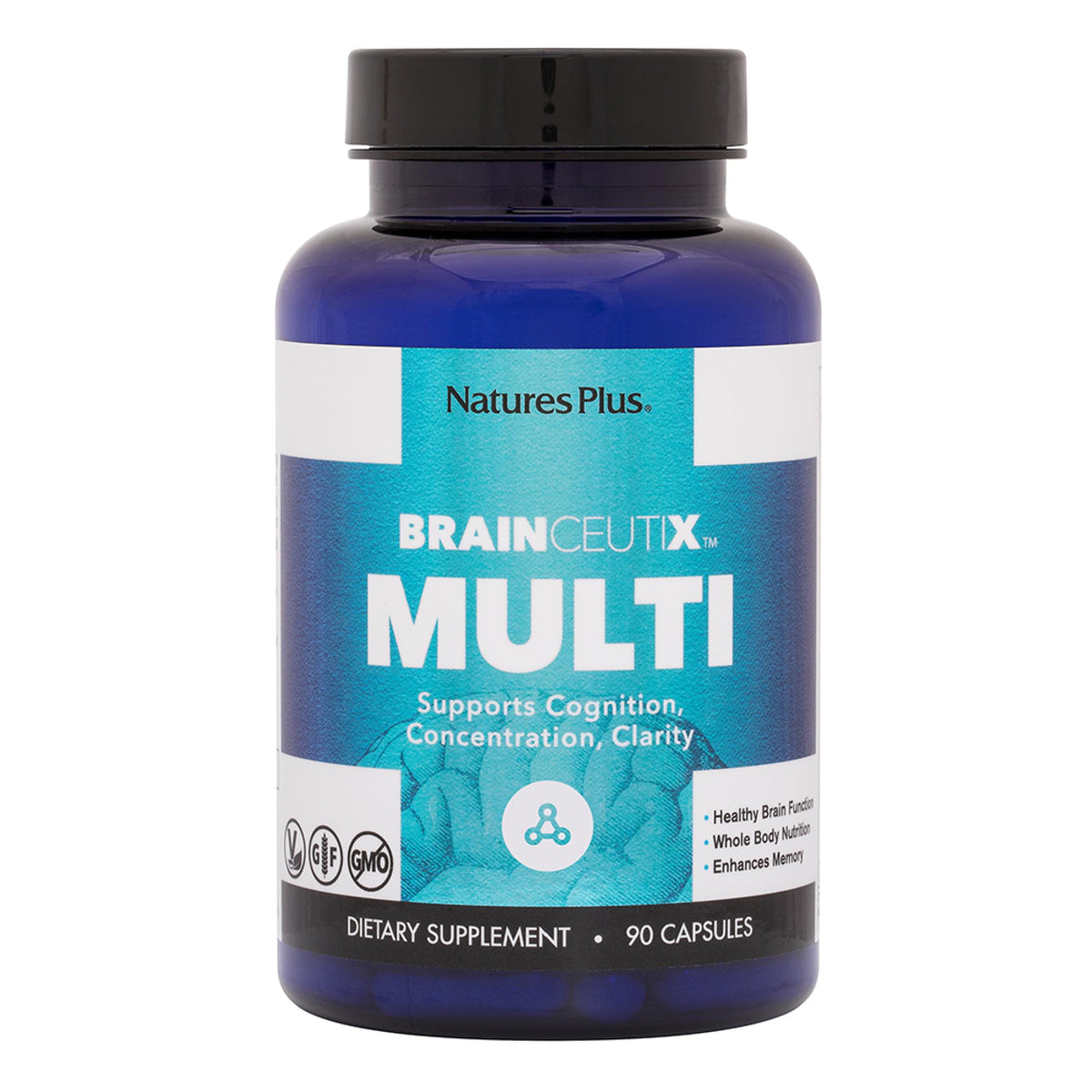 Nature's Plus BrainCeutix — bouteille affichant le complément pour la concentration et la clarté.