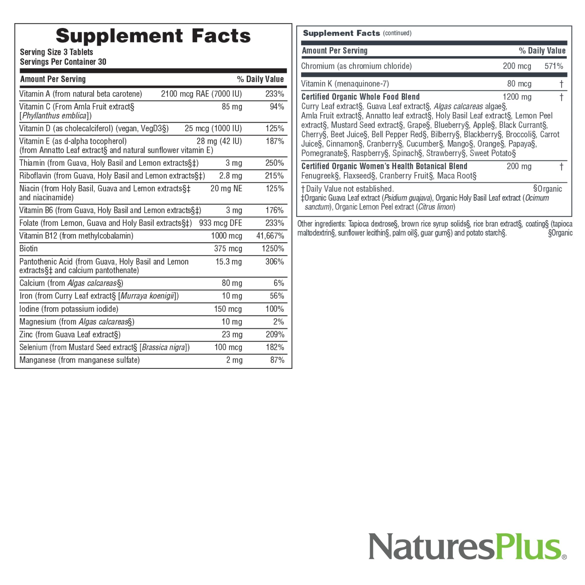 Nature's Plus Source de Vie Jardin – étiquette biologique et normes cGMP