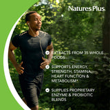 Étiquette indiquant 35 extraits d'aliments entiers et enzymes.