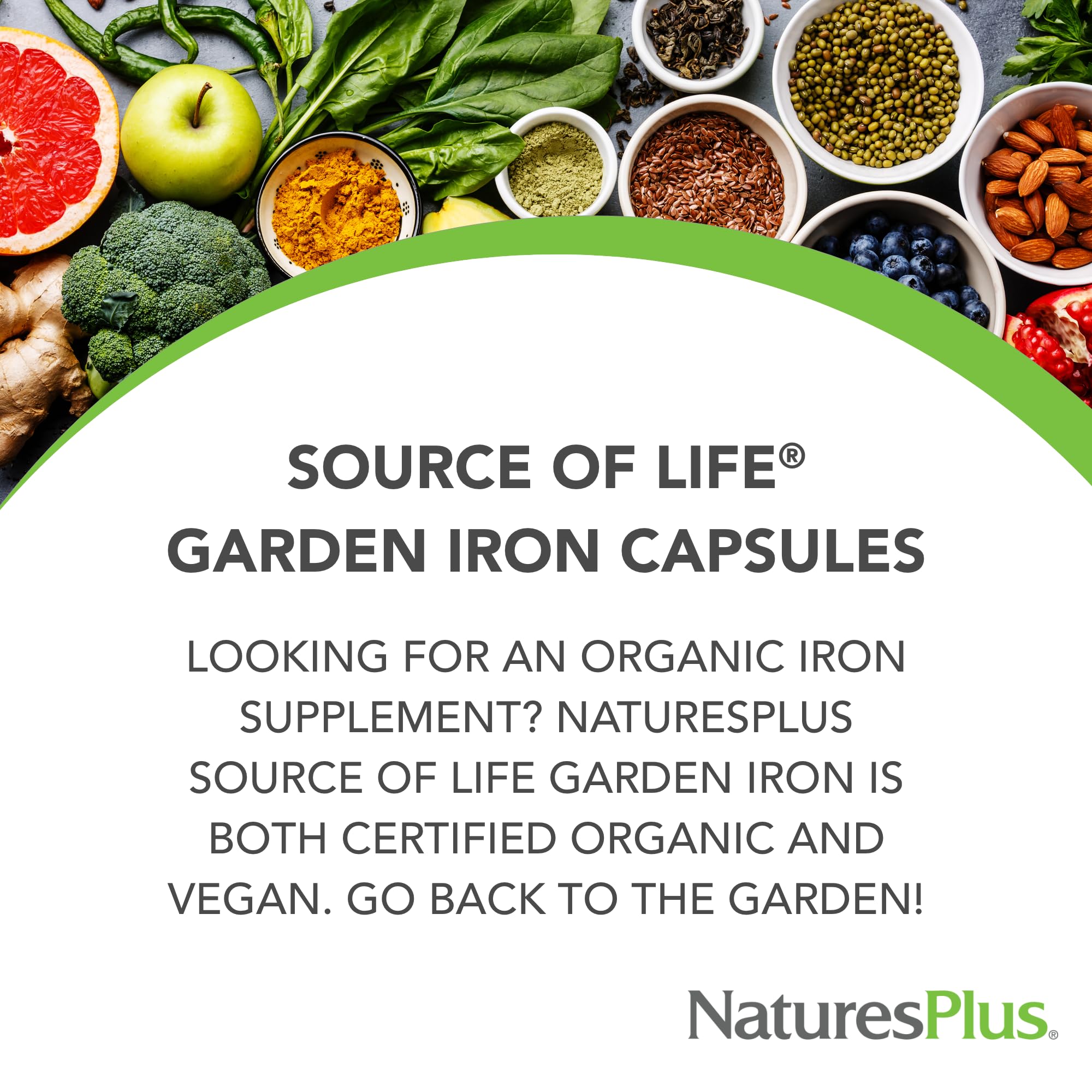 Nature's Plus Fer Jardin, base d'aliments entiers pour absorption naturelle.