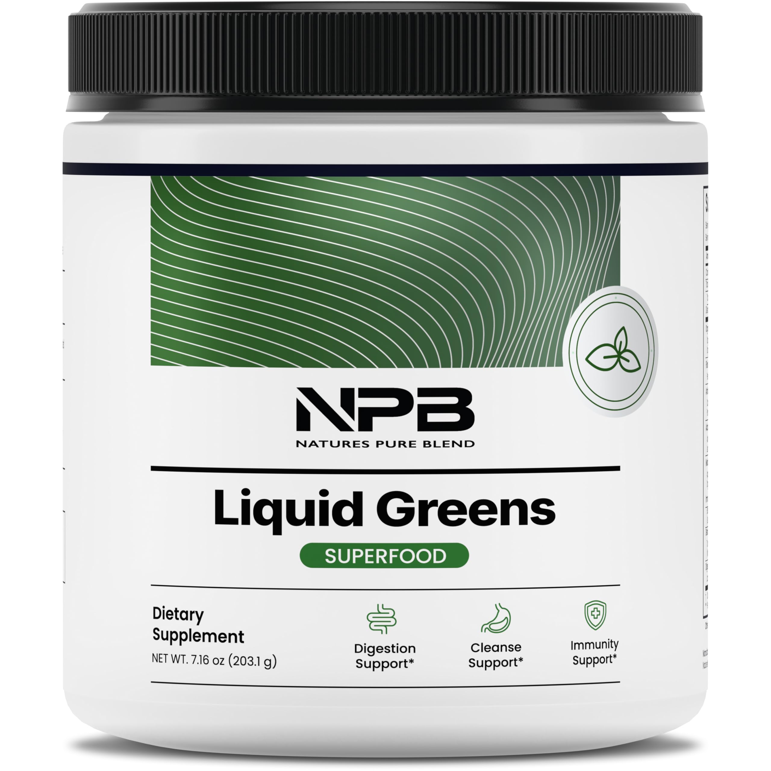 Nature's Pure Blend Poudre Super Greens dans sa bouteille prête à l’emploi pour énergie quotidienne.