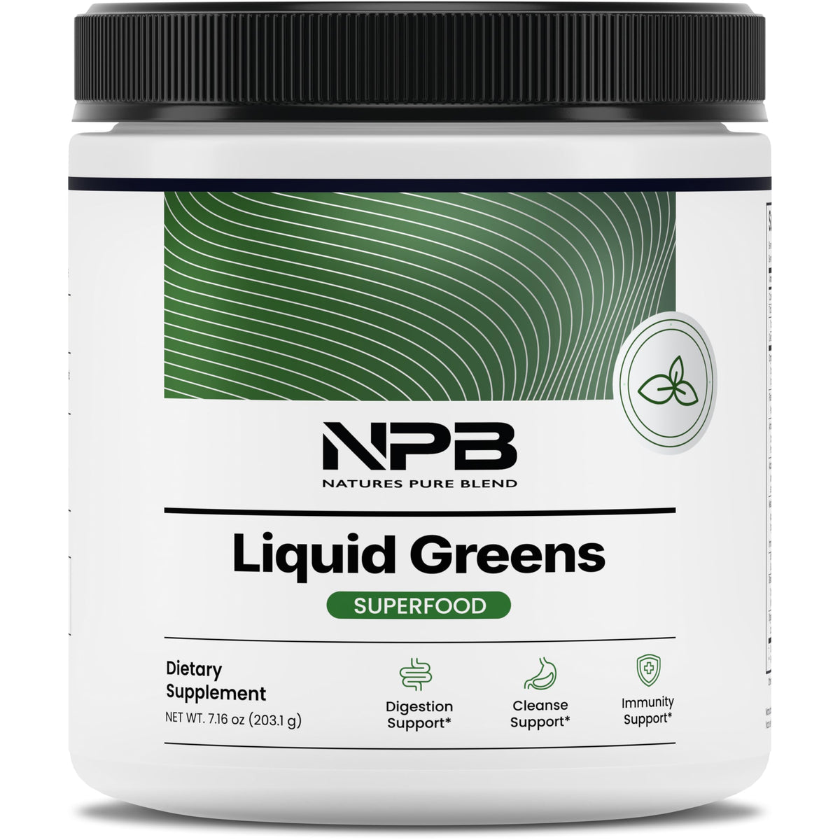 Nature's Pure Blend Poudre Super Greens dans sa bouteille prête à l’emploi pour énergie quotidienne.