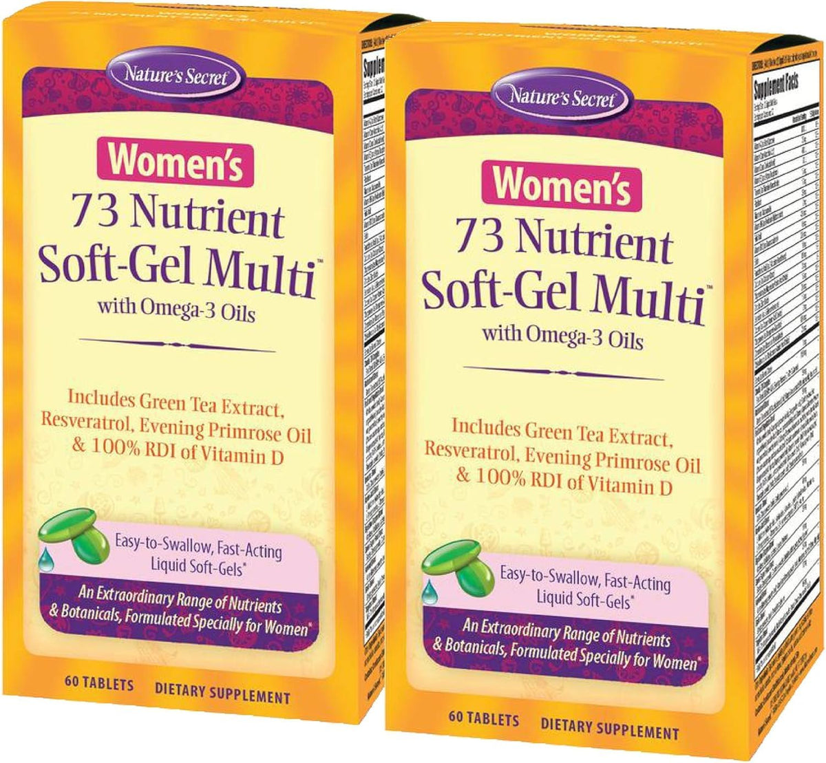 Nature’s Secret Femmes 73 Nutriments, bouteille, apport quotidien en nutriments essentiels.