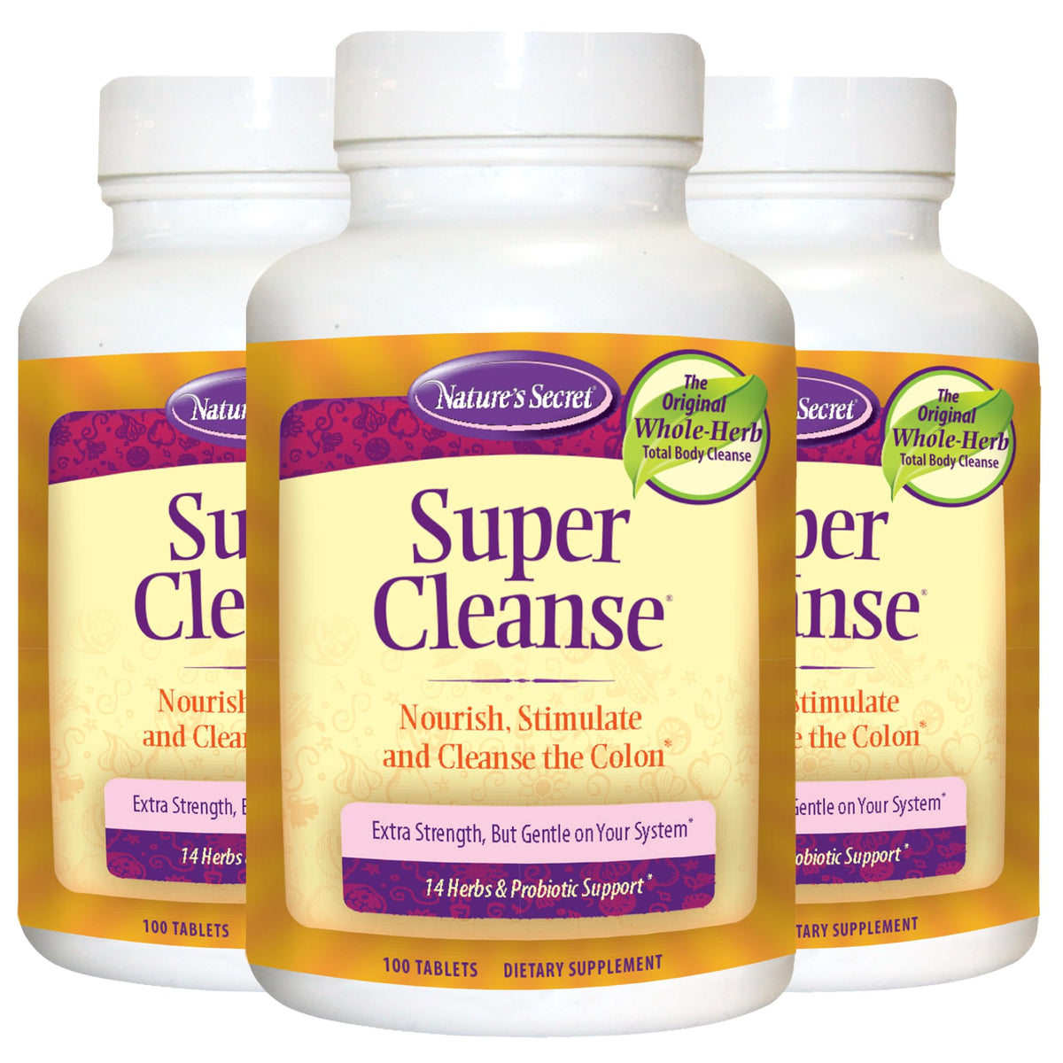 Nature's Secret Super Cleanse – bouteille de comprimés, soutien digestif potentiel.