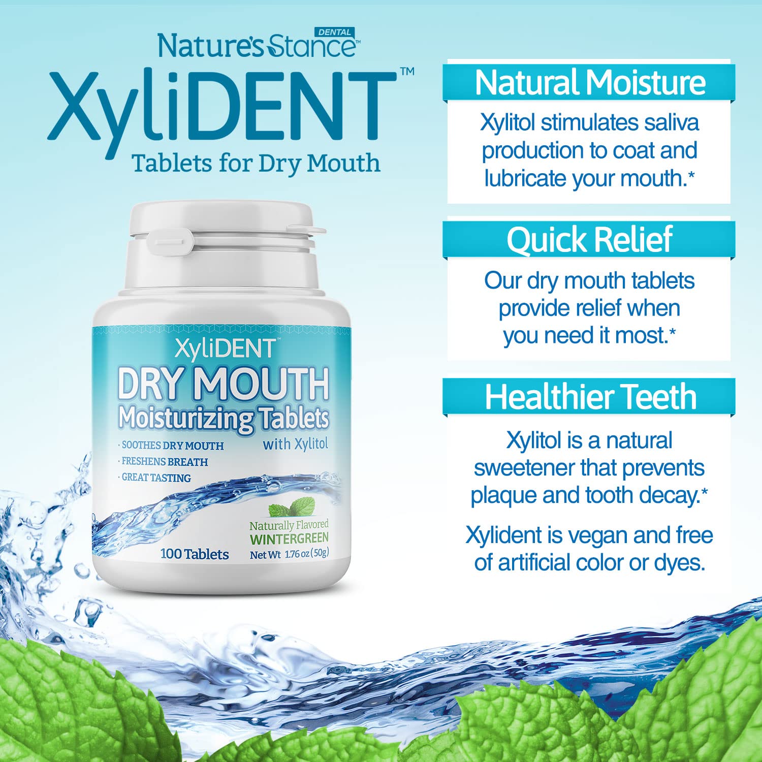 Nature's Stance XyliDENT emballage et texte: présentation simple et pratique.