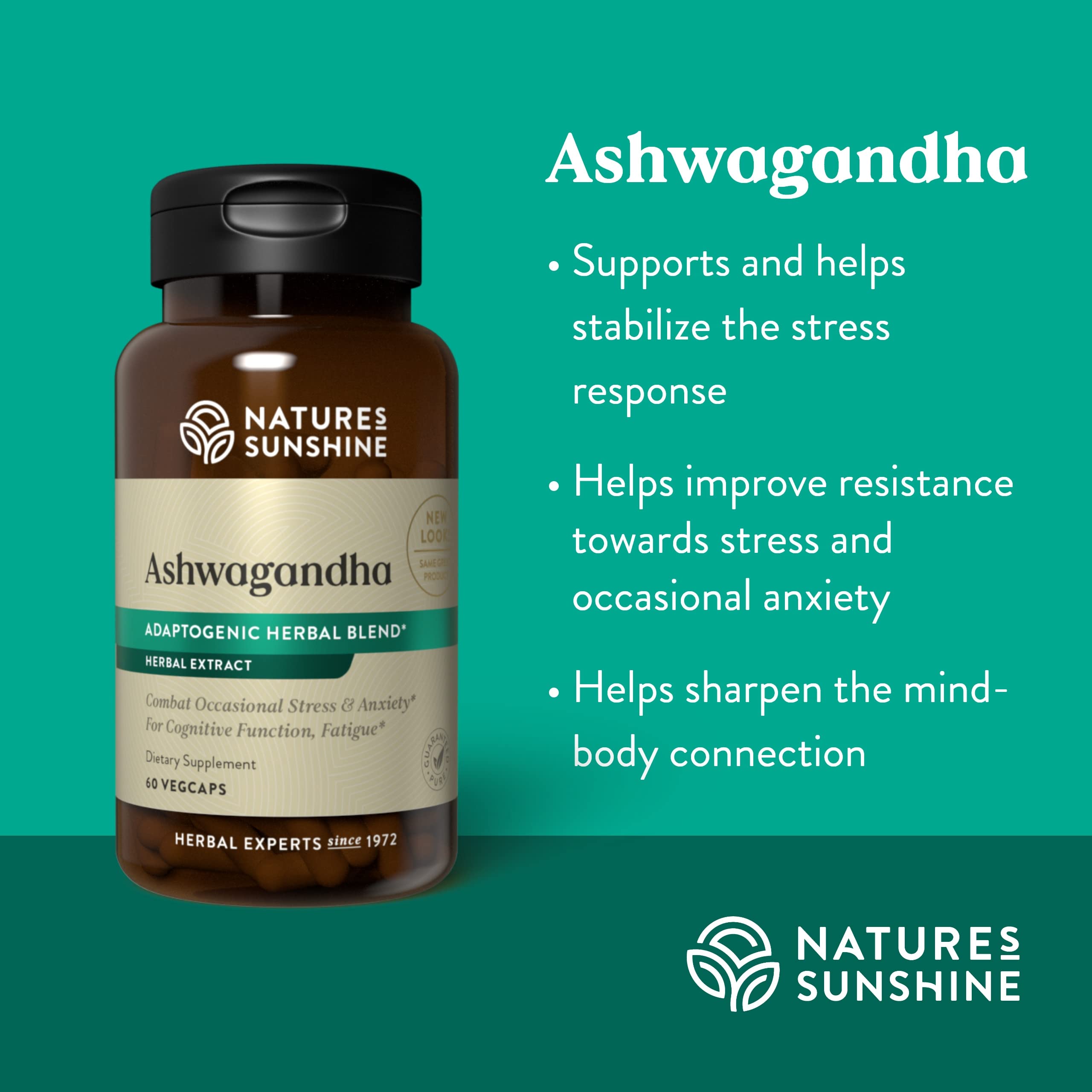 Grossissement des gélules Ashwagandha Nature's Sunshine, montre la forme végétale