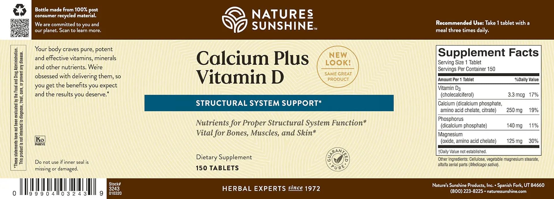 Emballage Nature's Sunshine Calcium Plus D certifié Kosher, pratique pour la routine quotidienne.