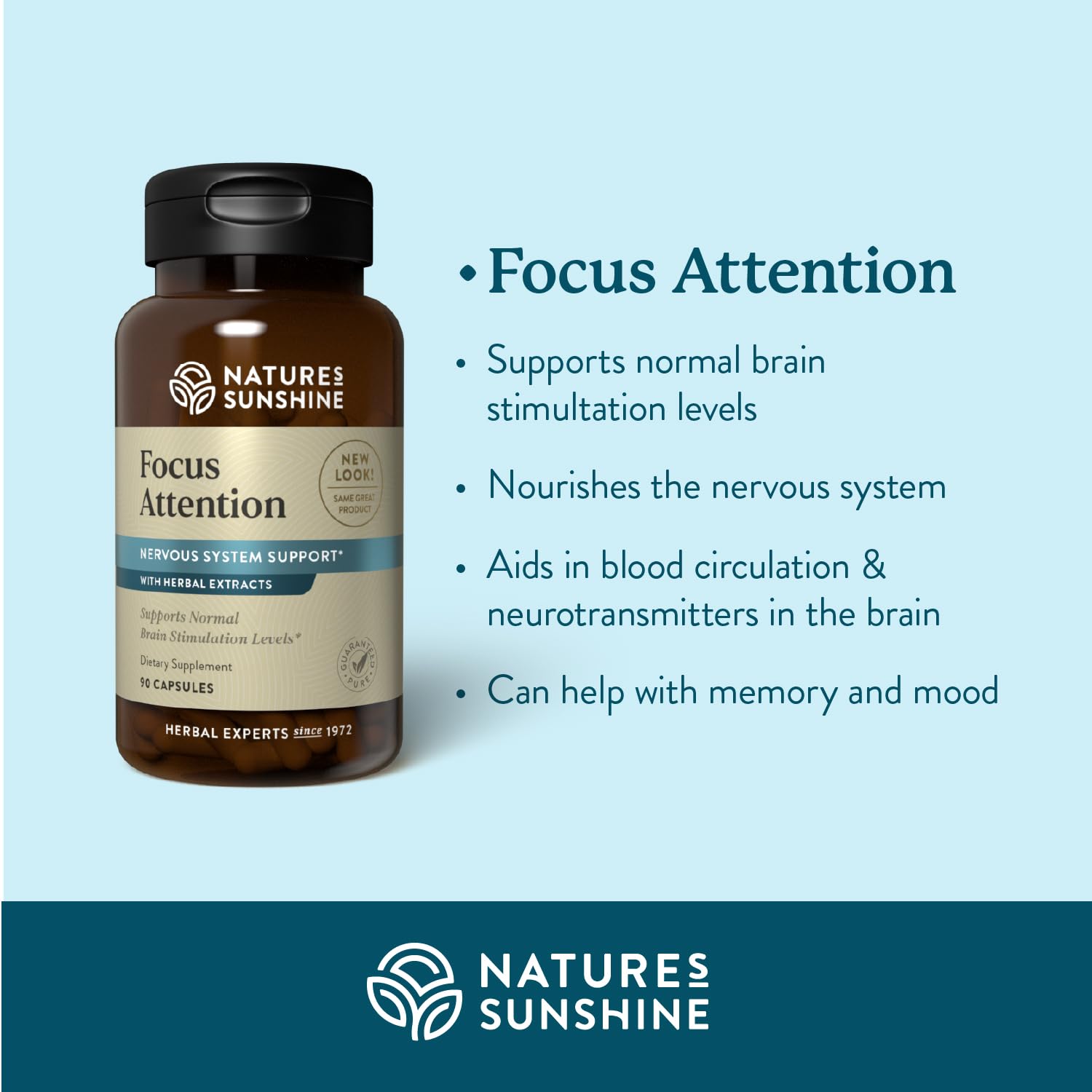 Nature's Sunshine Concentration et Attention – Capsules visibles, énergie cérébrale potentielle pour une vigilance quotidienne.