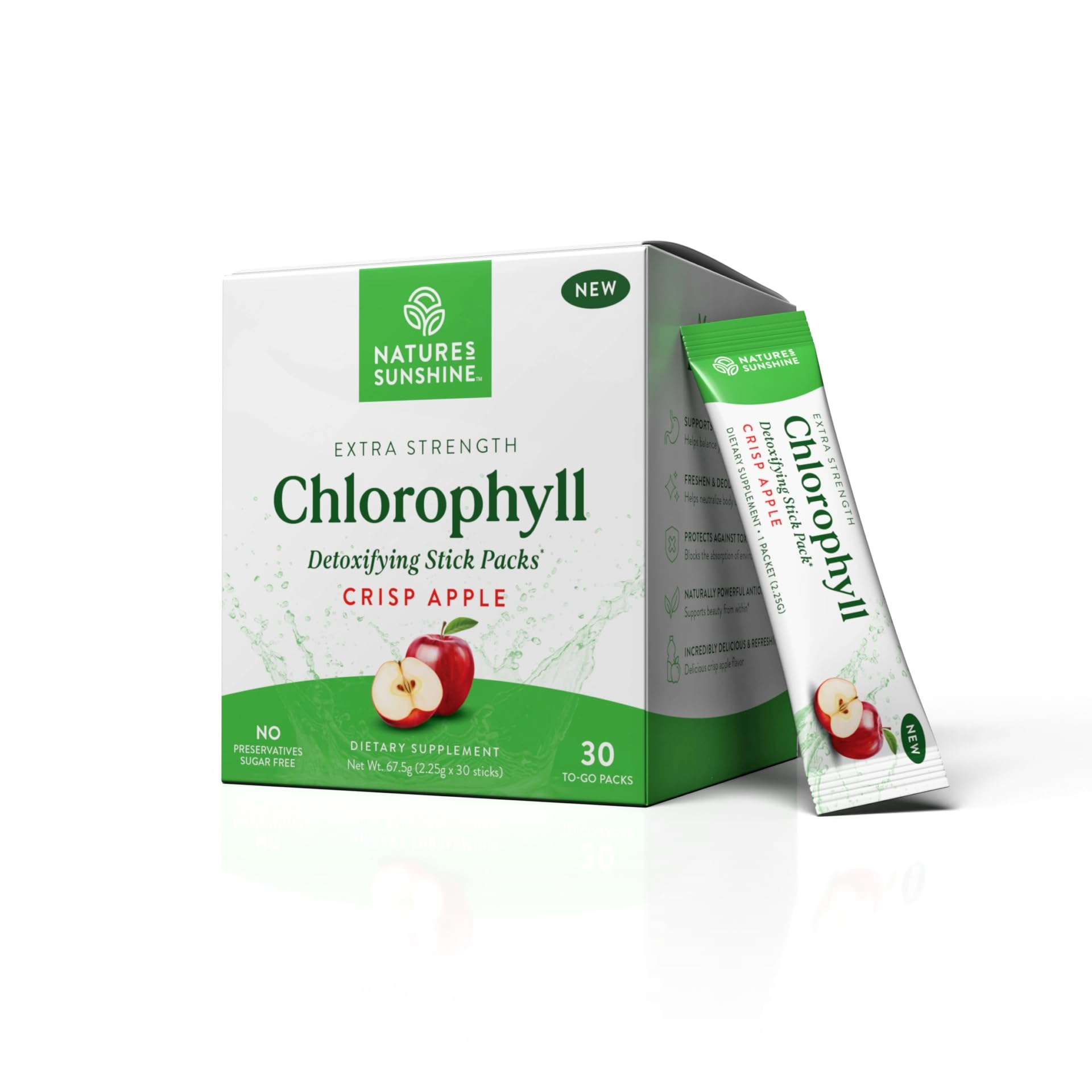 Nature's Sunshine Chlorophylle stick-pack mélange eau rafraîchissant et détox pratique.