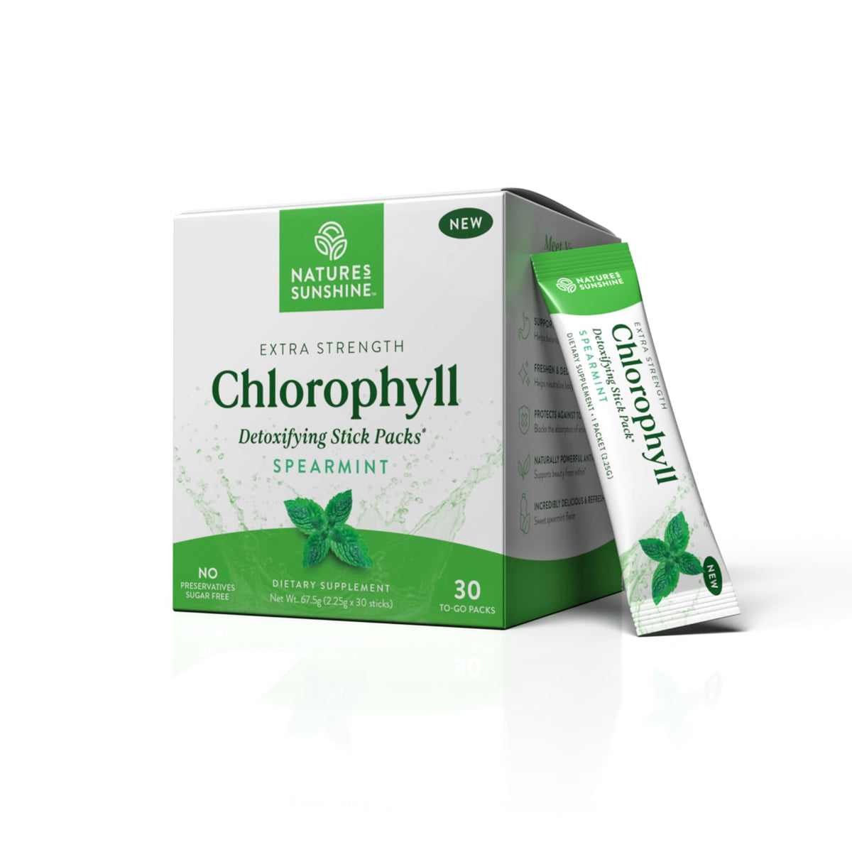 Nature's Sunshine Chlorophylle stick-pack présenté en boîte, boisson rafraîchissante en déplacement