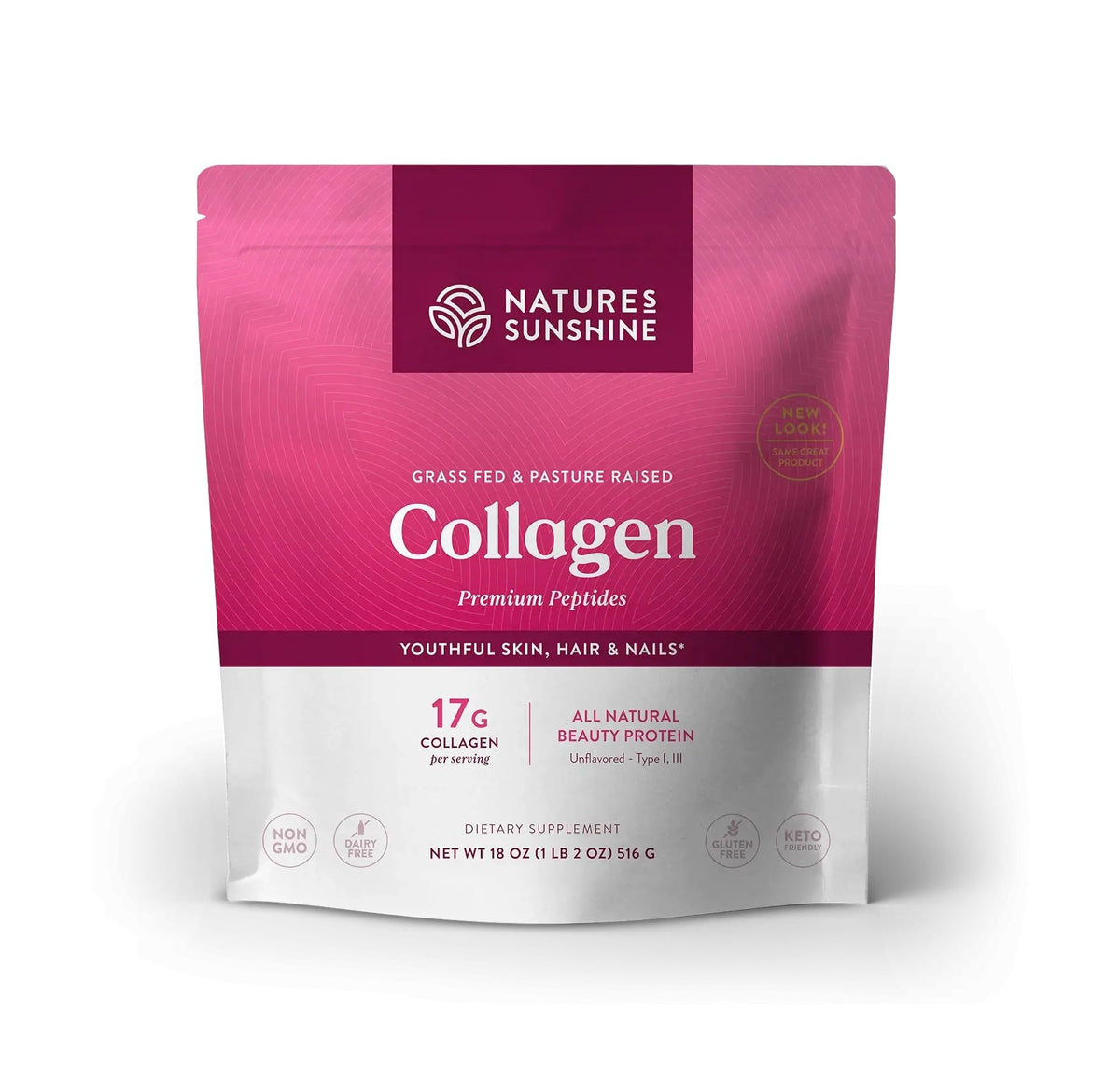 Nature's Sunshine Collagen Poudre Type I et III, idéale pour mélanger dans vos boissons.