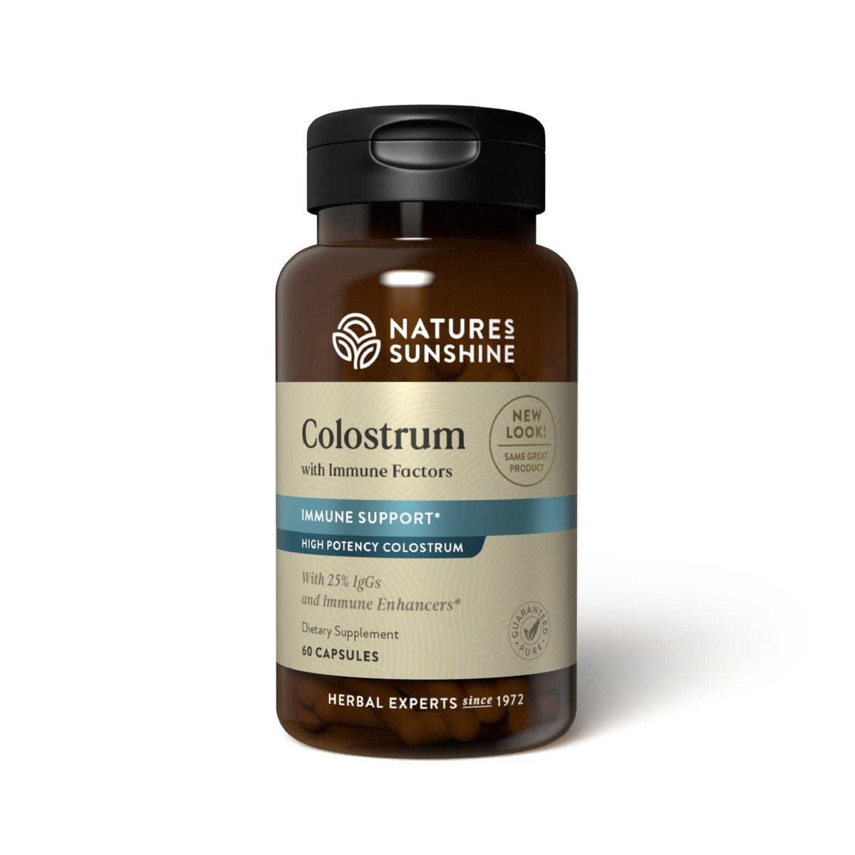 Nature's Sunshine Colostrum, bouteille 60 gélules, pratique pour un soutien immunitaire quotidien.