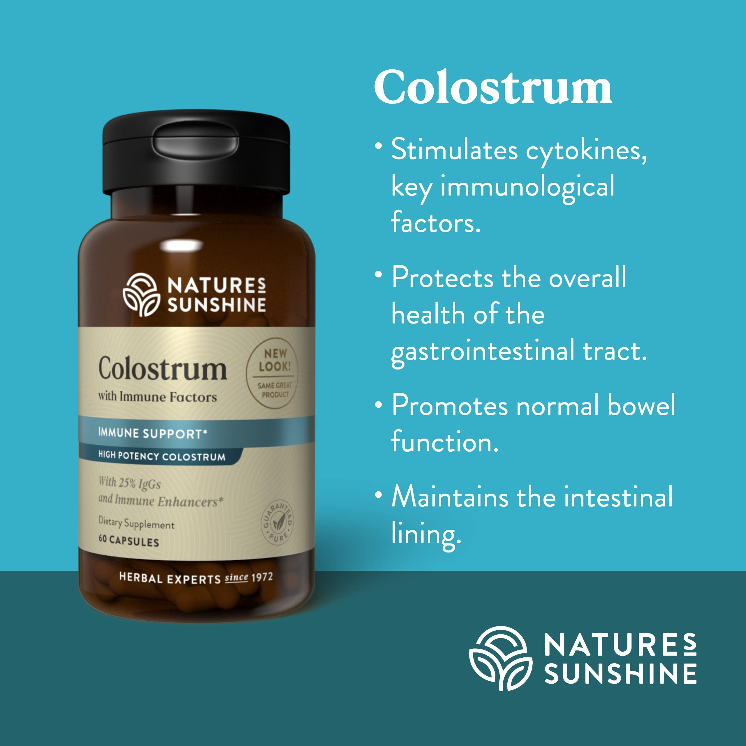 Nature's Sunshine Colostrum, capsules détaillées, solution pratique pour la routine bien-être.