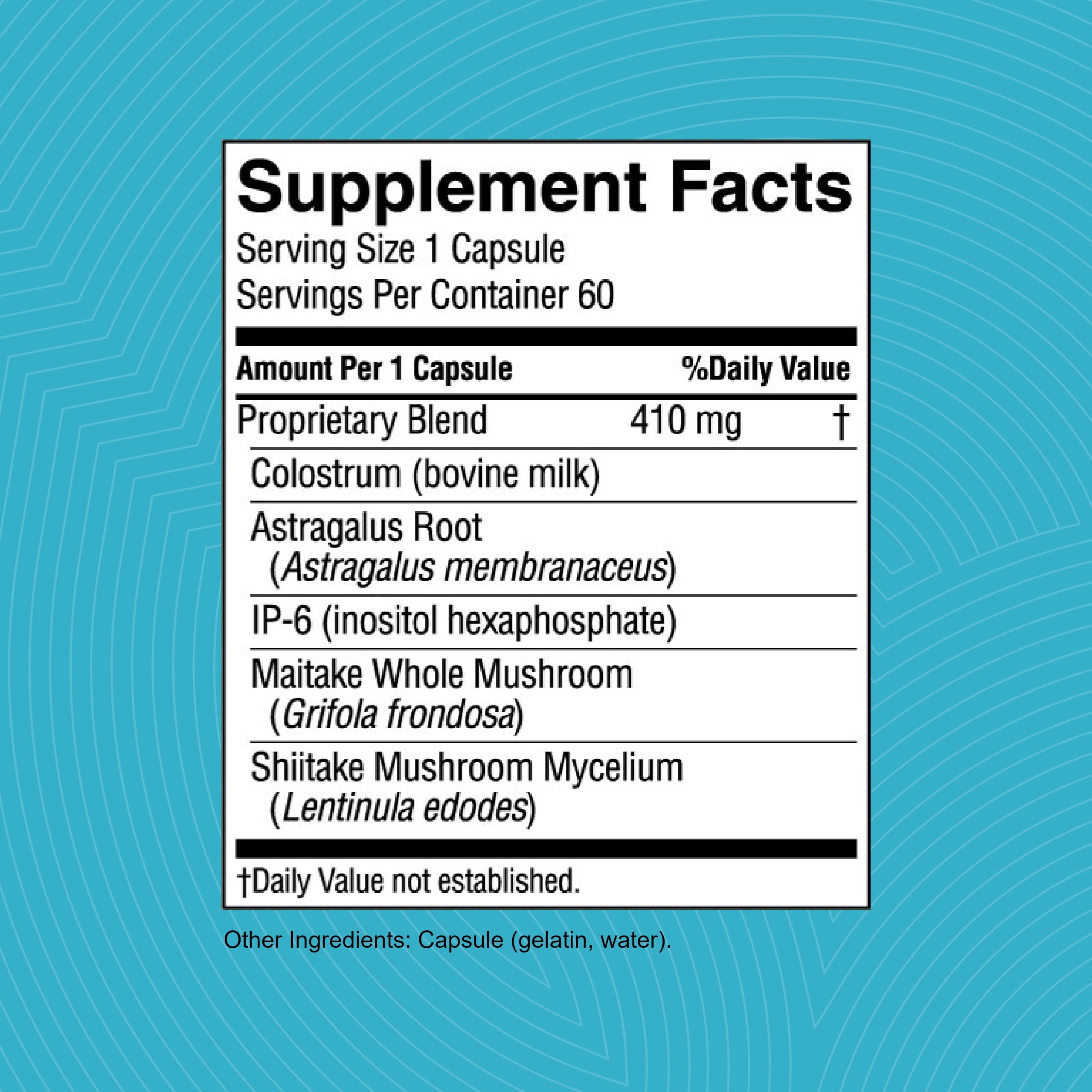 Nature's Sunshine Colostrum, étiquette claire, mise en avant des facteurs immunitaires et du soutien intestinal.