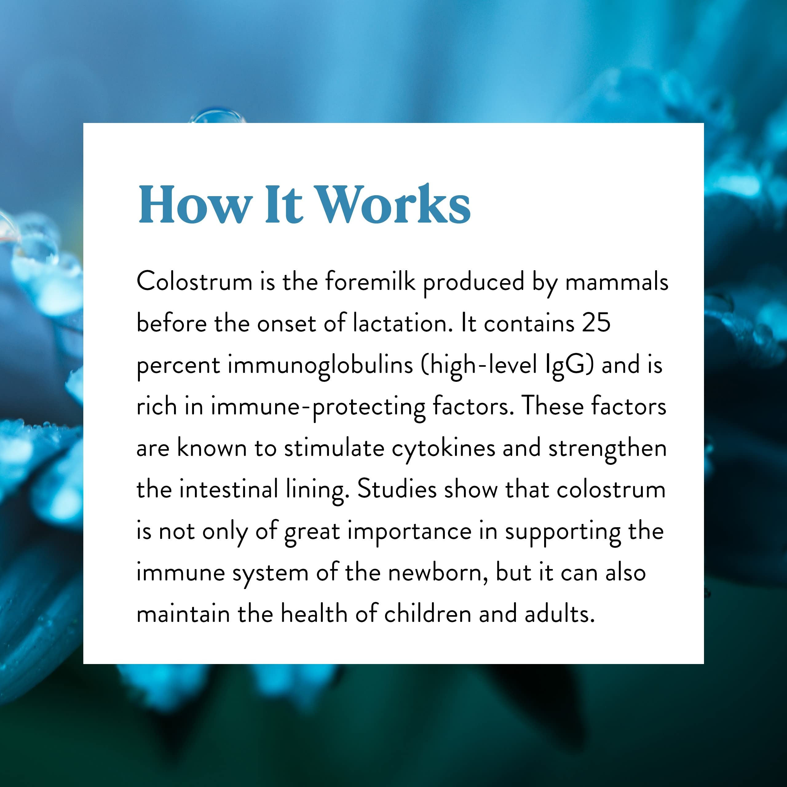 Nature's Sunshine Colostrum, emballage ouvert, exemple de posologie et de facilité d'utilisation.