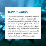 Nature's Sunshine Colostrum, emballage ouvert, exemple de posologie et de facilité d'utilisation.