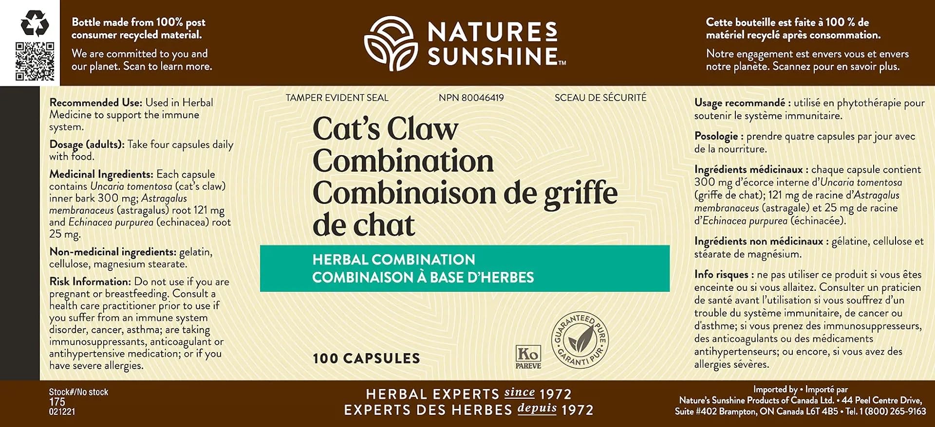 Nature's Sunshine Griffe du chat – flacon et ingrédients, soutien digestif potentiel.