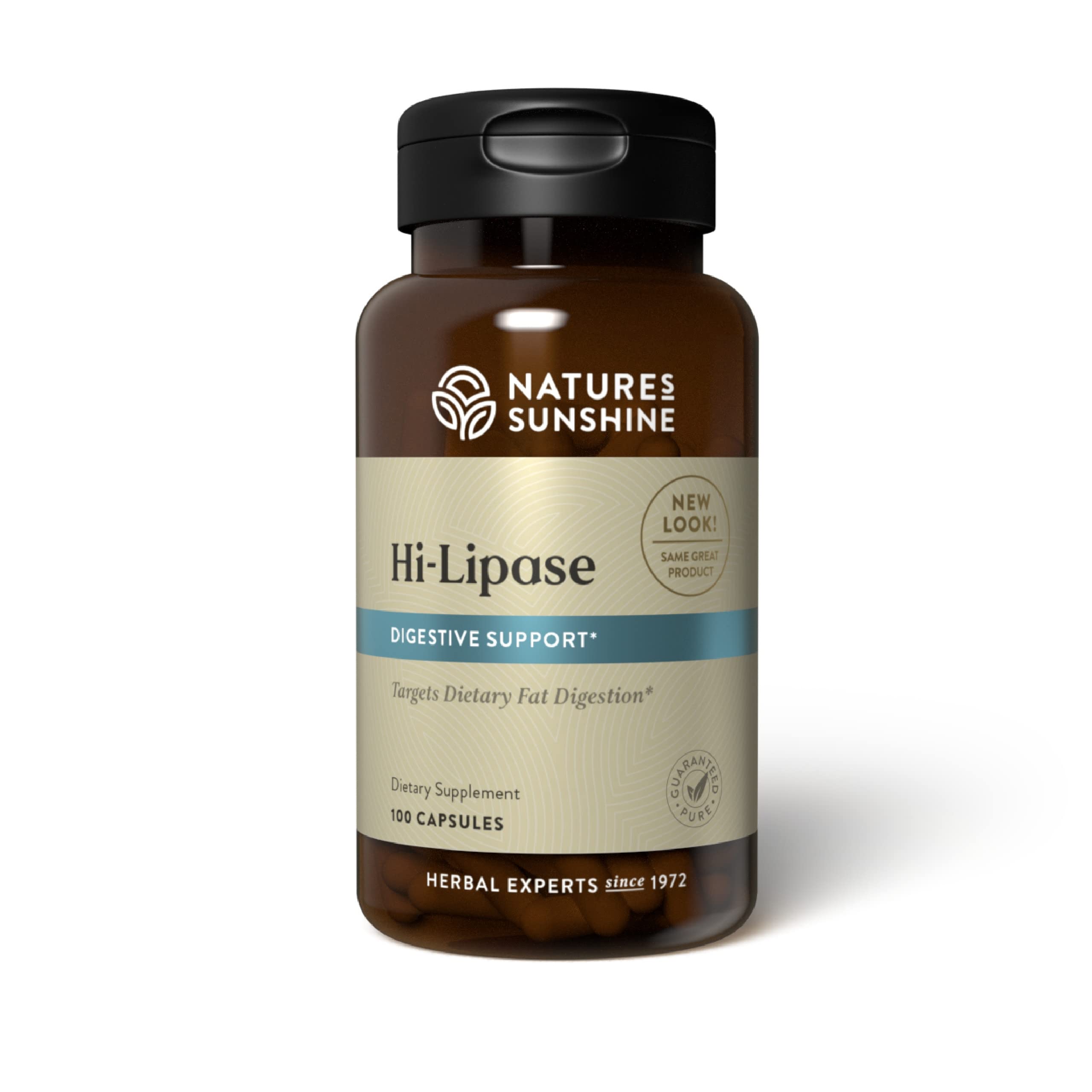 Nature's Sunshine Hi-Lipase: bouteille sur table, soutien digestif naturel.