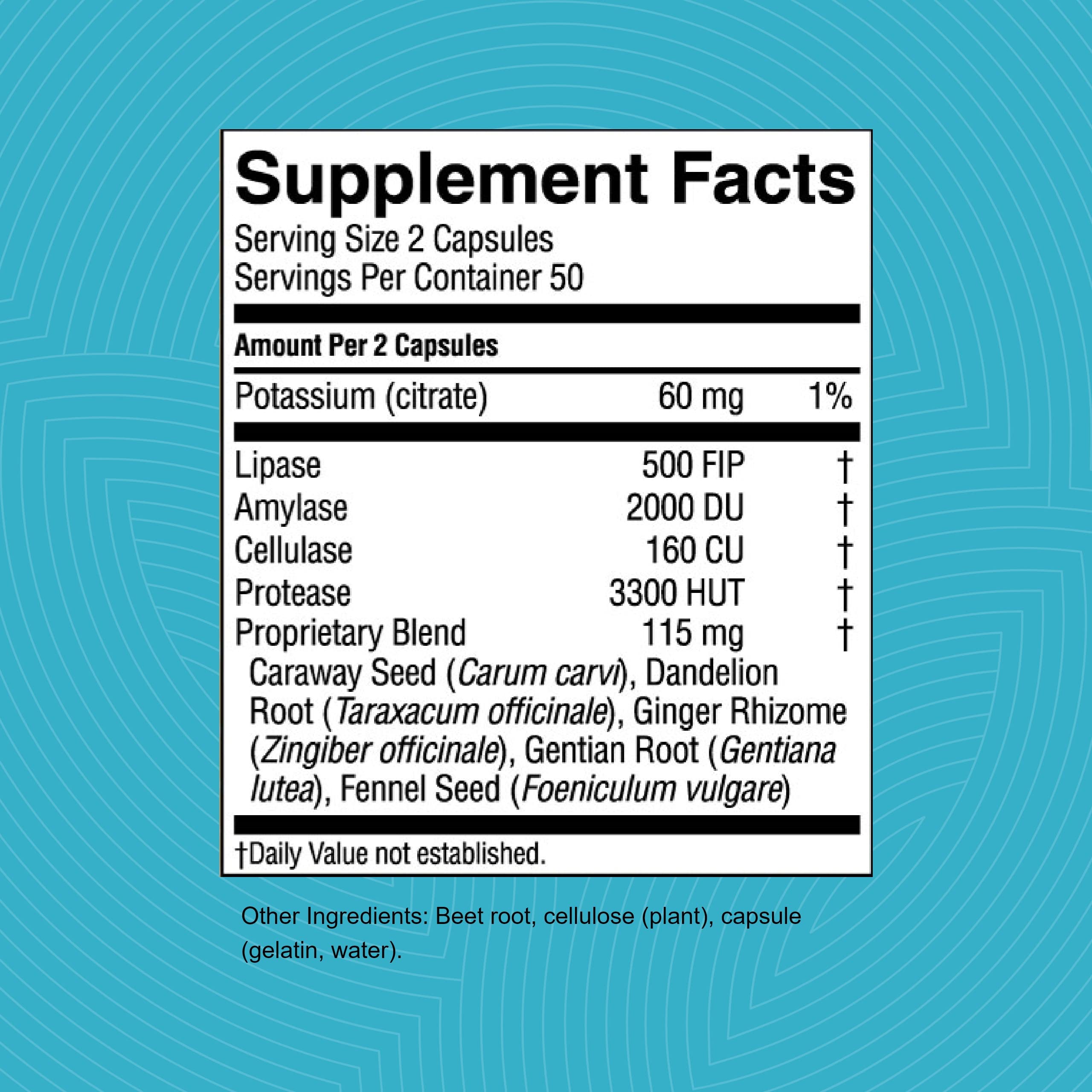 Étiquette Nature's Sunshine Hi-Lipase montrant le format des capsules.