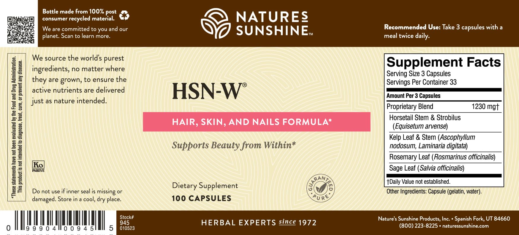 Nature's Sunshine HSN-W, emballage clair et étiquette pour une utilisation simple.